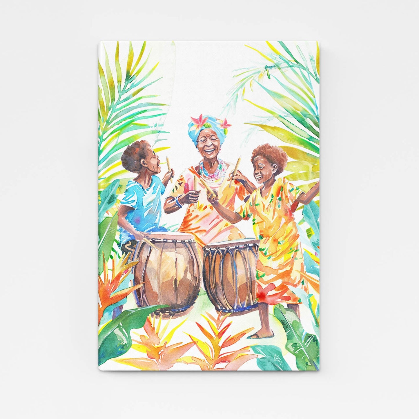 Women and Drum African Art — african art canvas print in orange tones