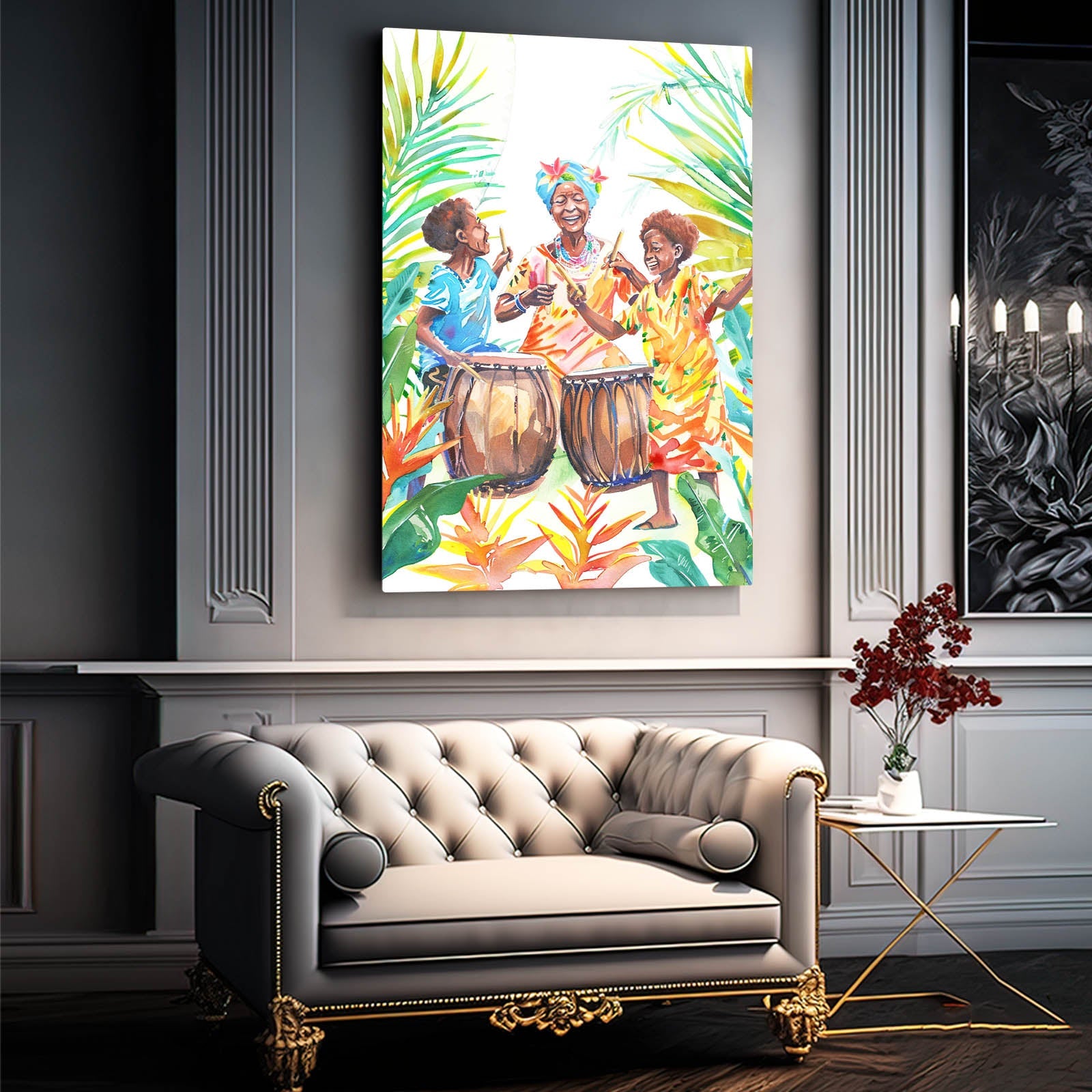 Women and Drum African Art — african art canvas print in orange tones, view 4