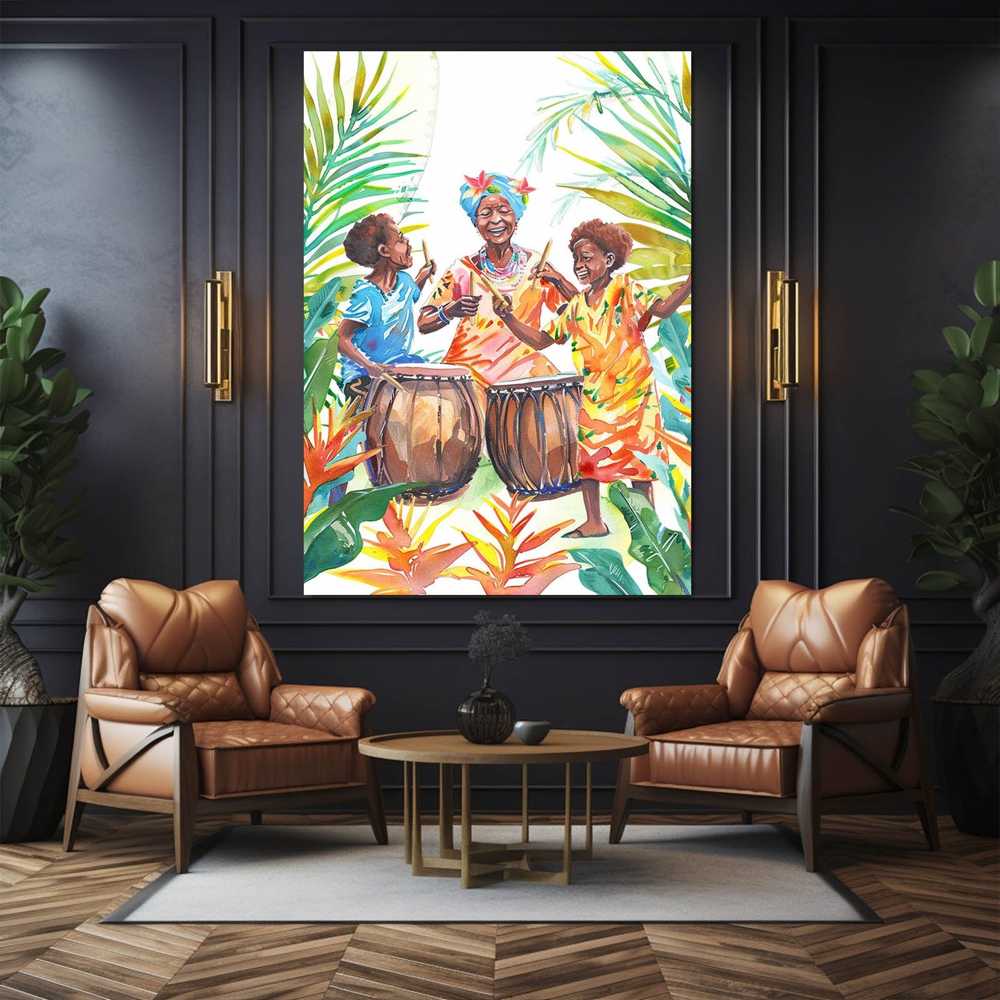 Women and Drum African Art — african art canvas print in orange tones, view 5