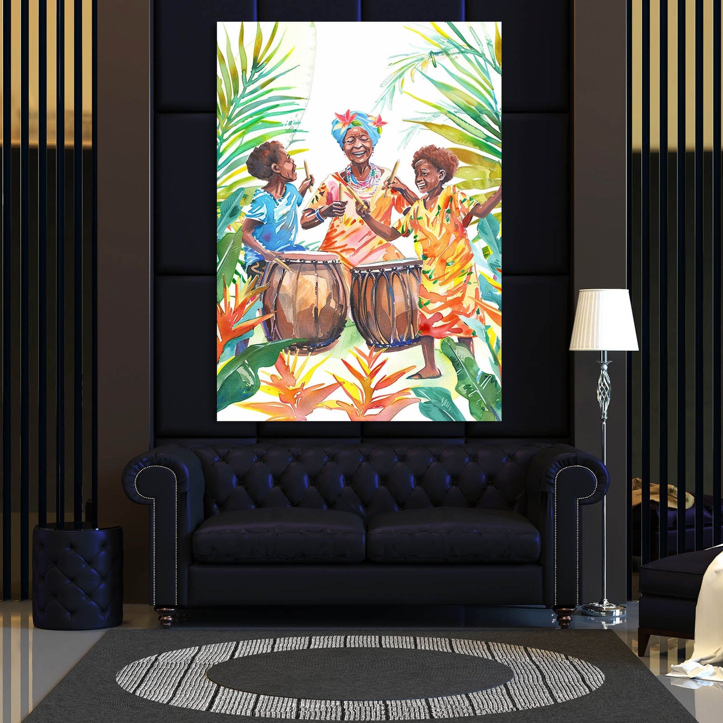 Women and Drum African Art — african art canvas print in orange tones, view 3