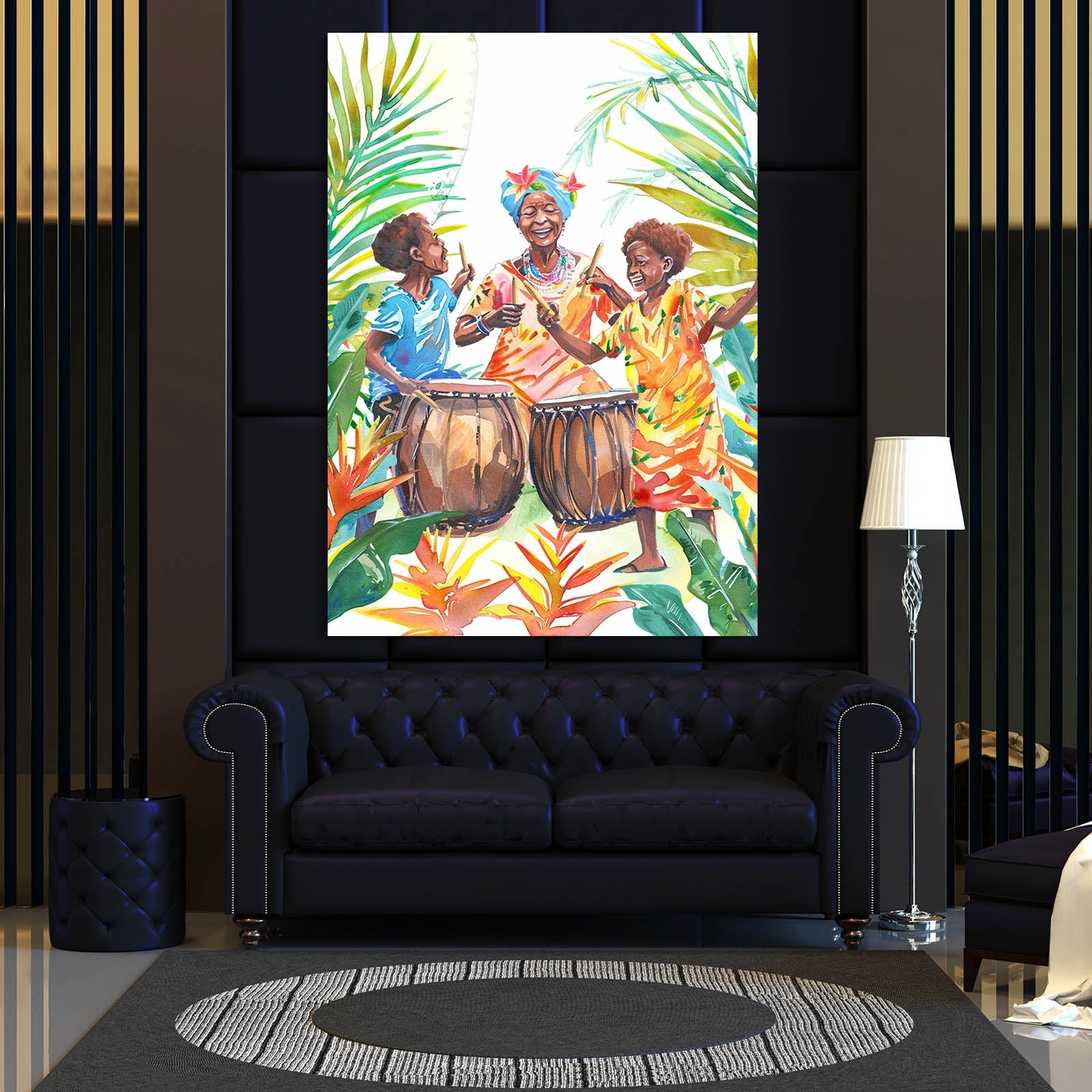 Women and Drum African Art — african art canvas print in orange tones, view 3