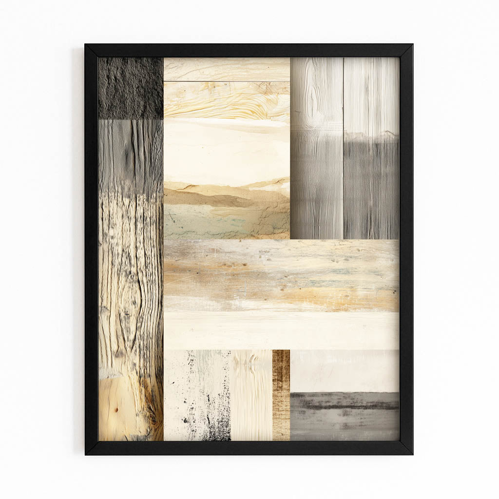Wood Plank Patchwork Farmhouse Wall Art – with Premium Black frame on white background