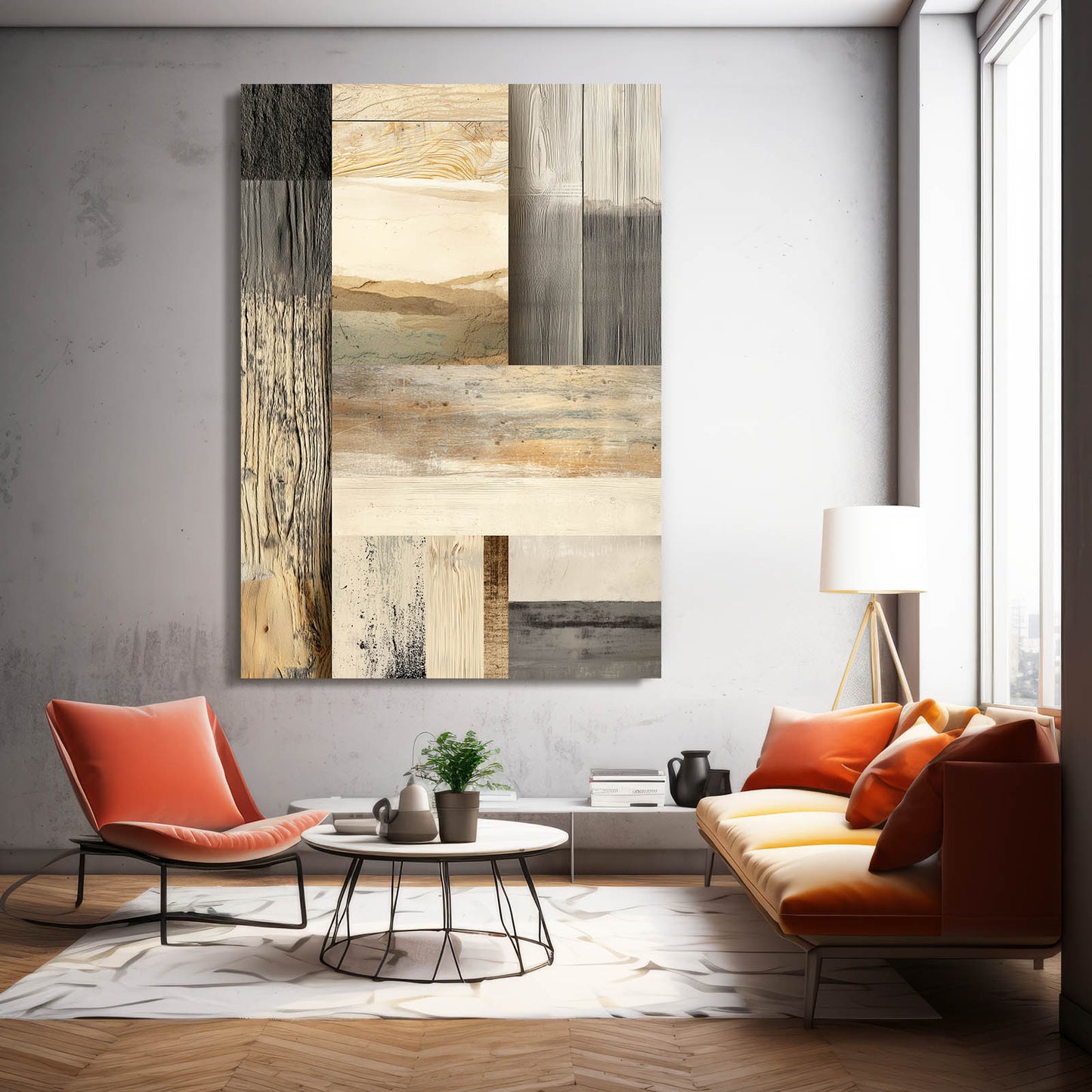 Wood Plank Patchwork Farmhouse Wall Art – styled in a furnished interior