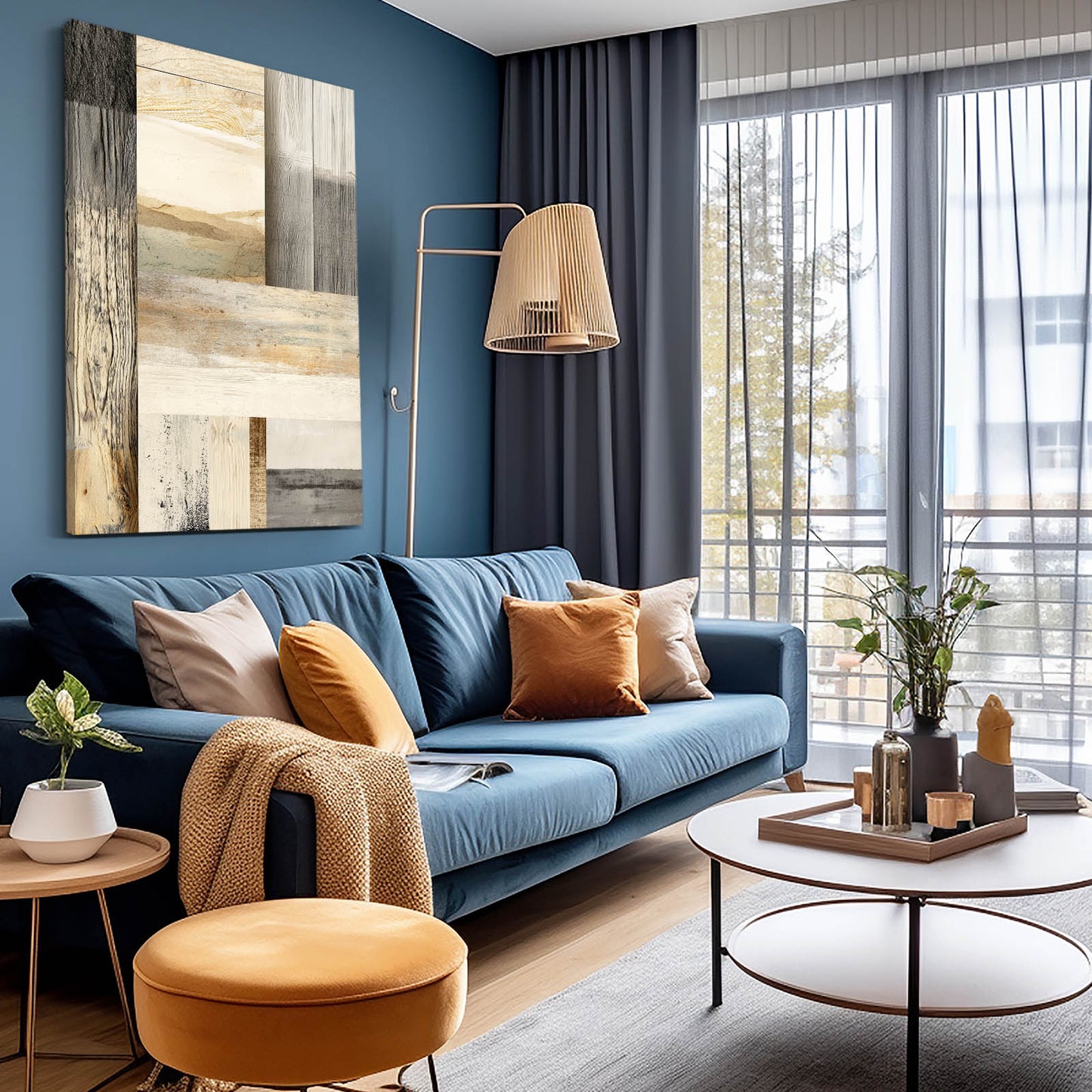 Wood Plank Patchwork Farmhouse Wall Art – styled in a furnished interior
