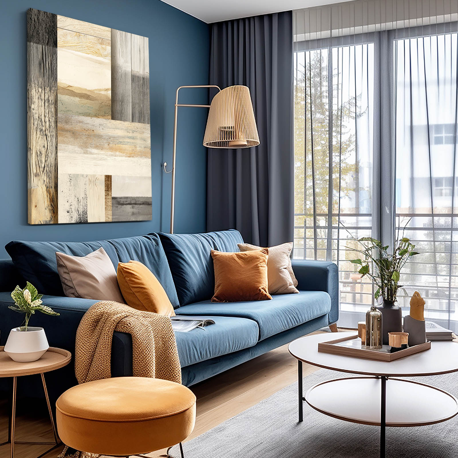 Wood Plank Patchwork Farmhouse Wall Art – styled in a furnished interior