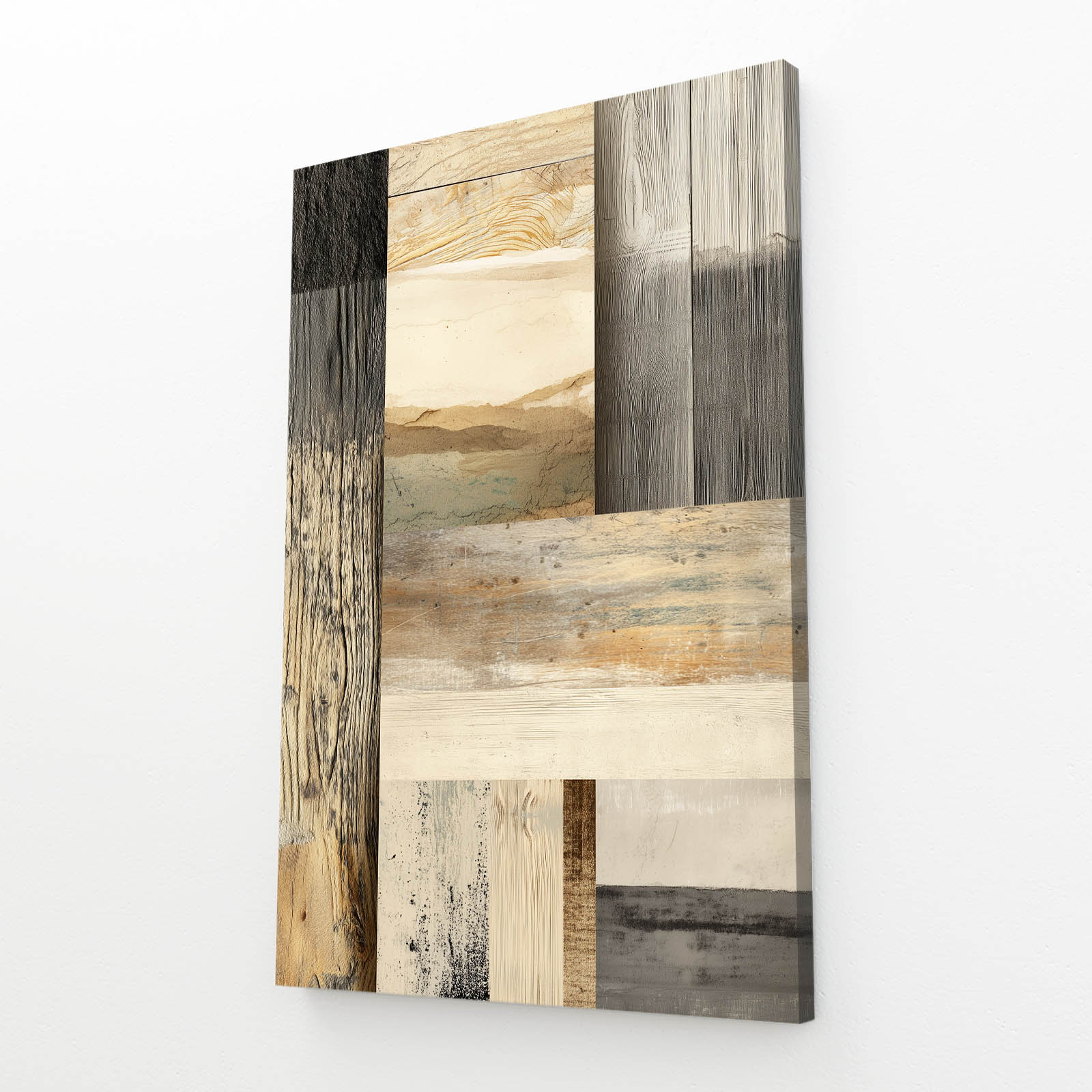 Wood Plank Patchwork Farmhouse Wall Art – angled canvas view on white background