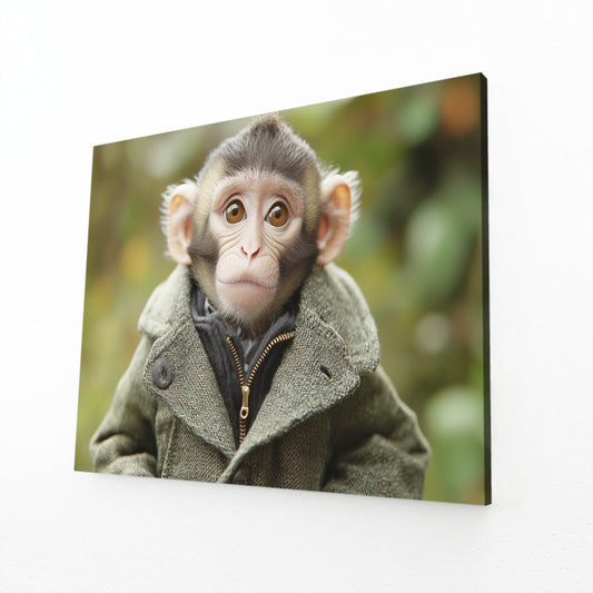 Wool Coat Portrait Monkey Wall Art – angled canvas view on white background