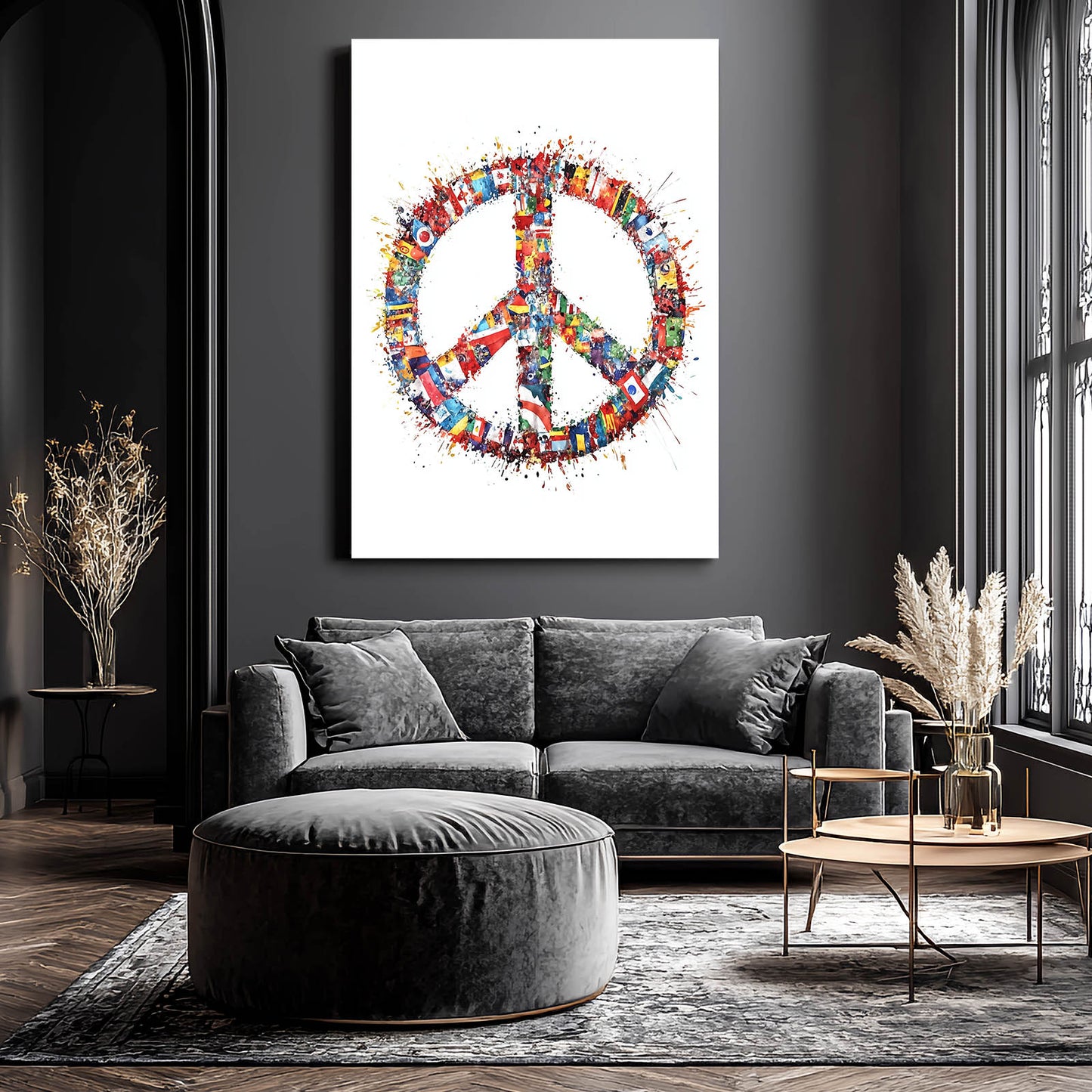 World Flags Peace Sign Wall Decor – styled in a furnished interior