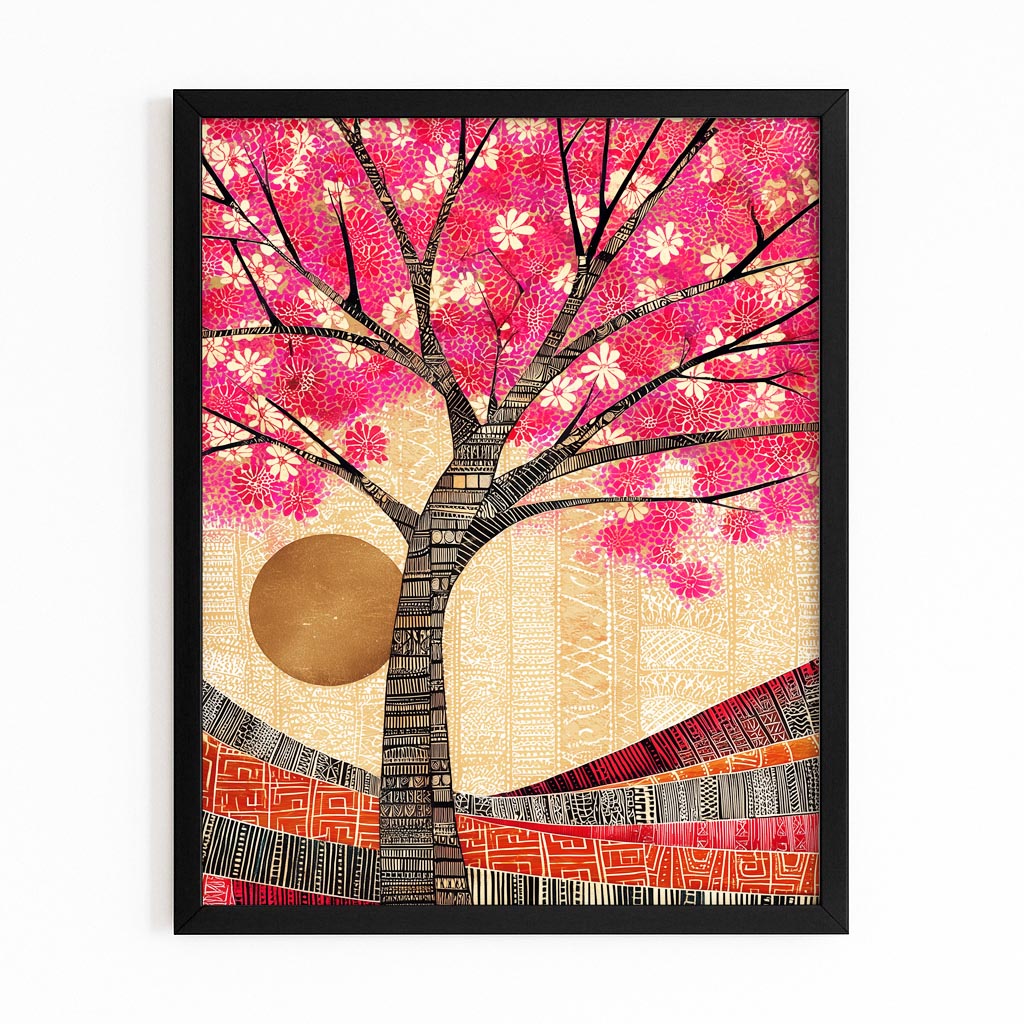 Woven Sun Tree Cherry Blossom Prints – with Premium Black frame on white background