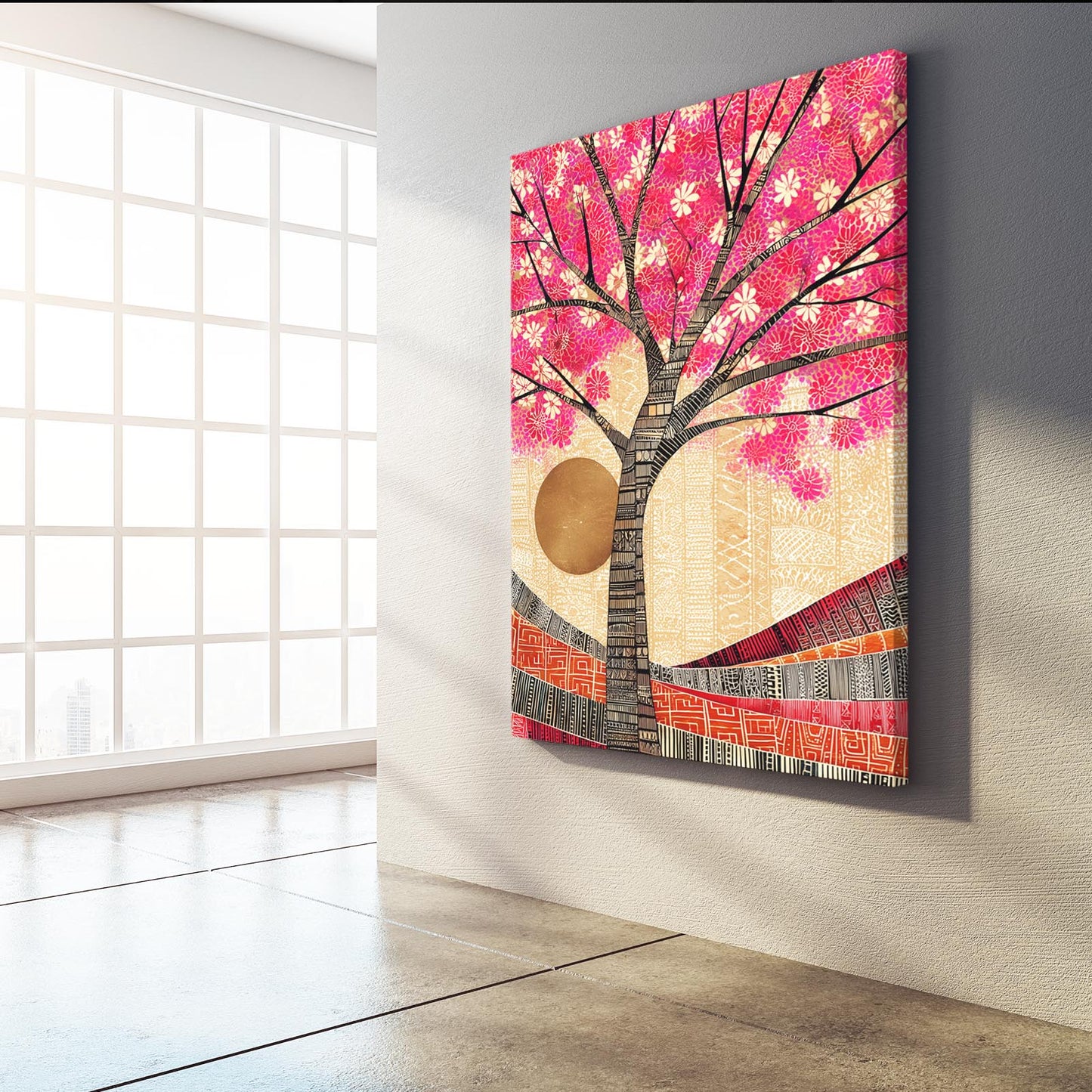 Woven Sun Tree Cherry Blossom Prints – styled in a furnished interior