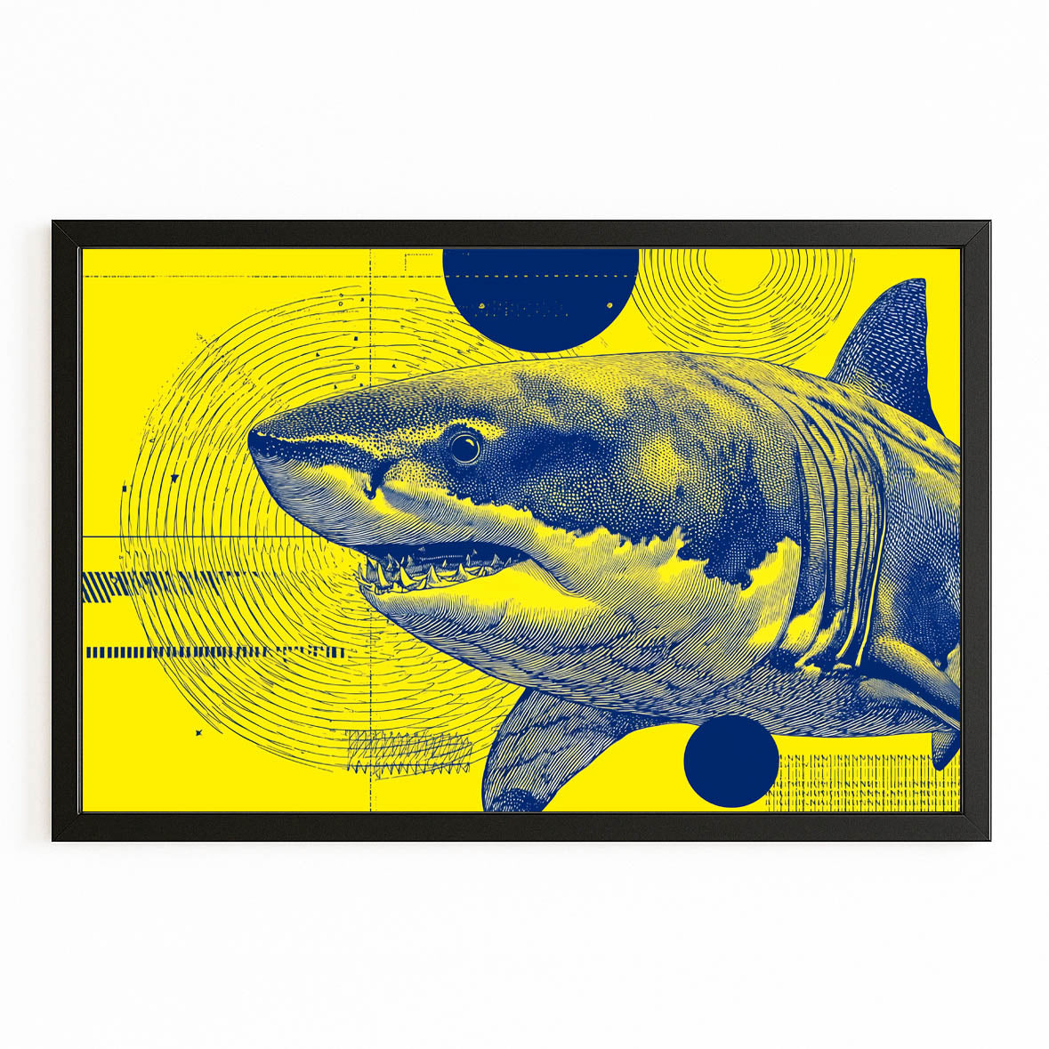 Yellow and Blue Pop Shark Prints – with Premium Black frame on white background