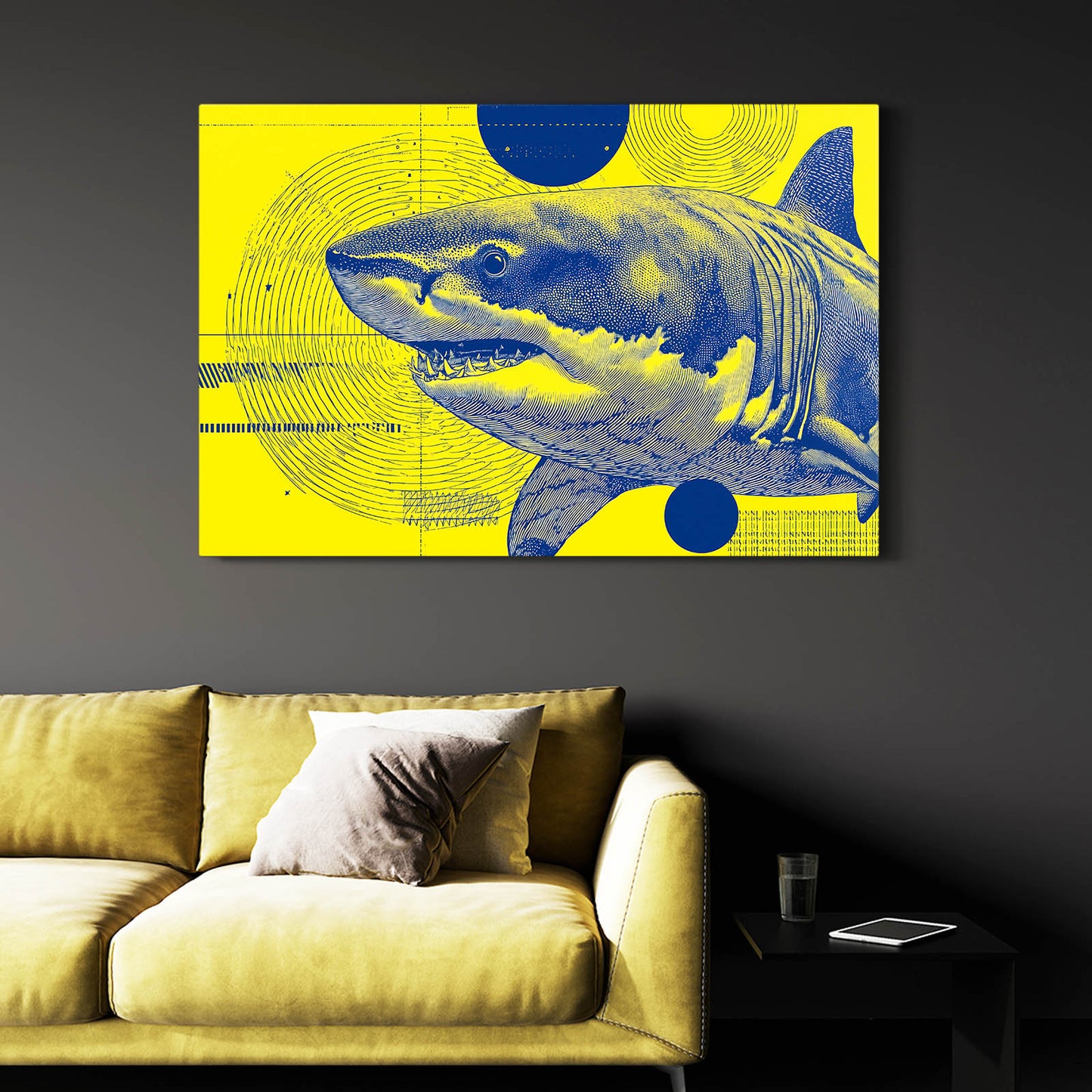 Yellow and Blue Pop Shark Prints – styled in a furnished interior