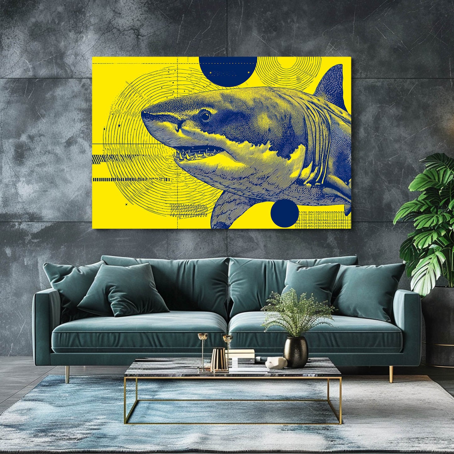 Yellow and Blue Pop Shark Prints – styled in a furnished interior