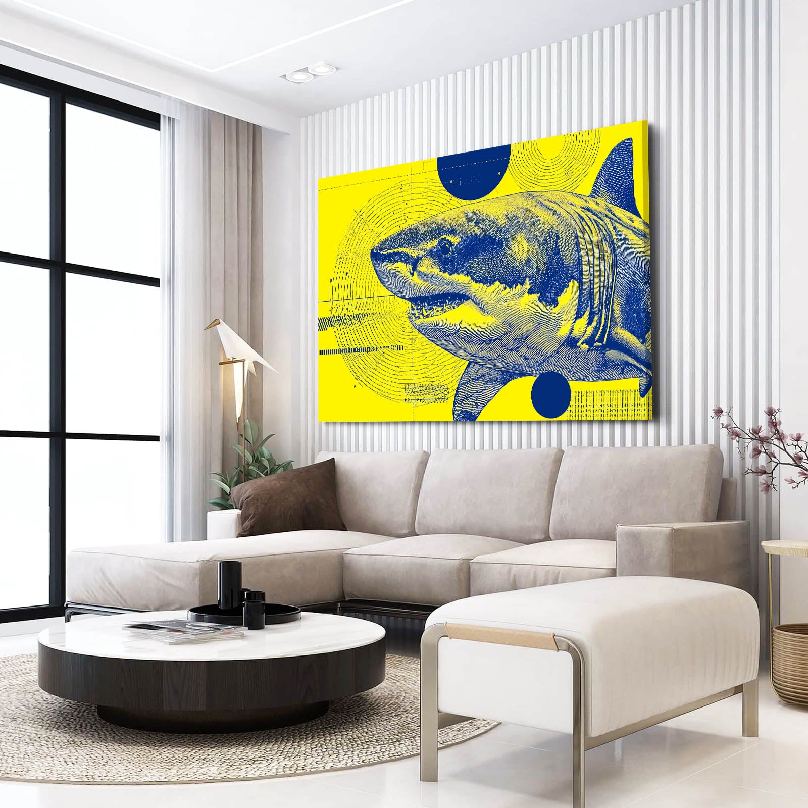 Yellow and Blue Pop Shark Prints – styled in a furnished interior