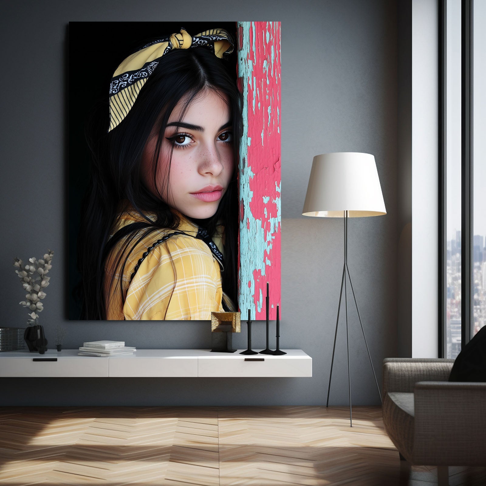 Yellow Bandana Photography Print – above a console with a white floor lamp