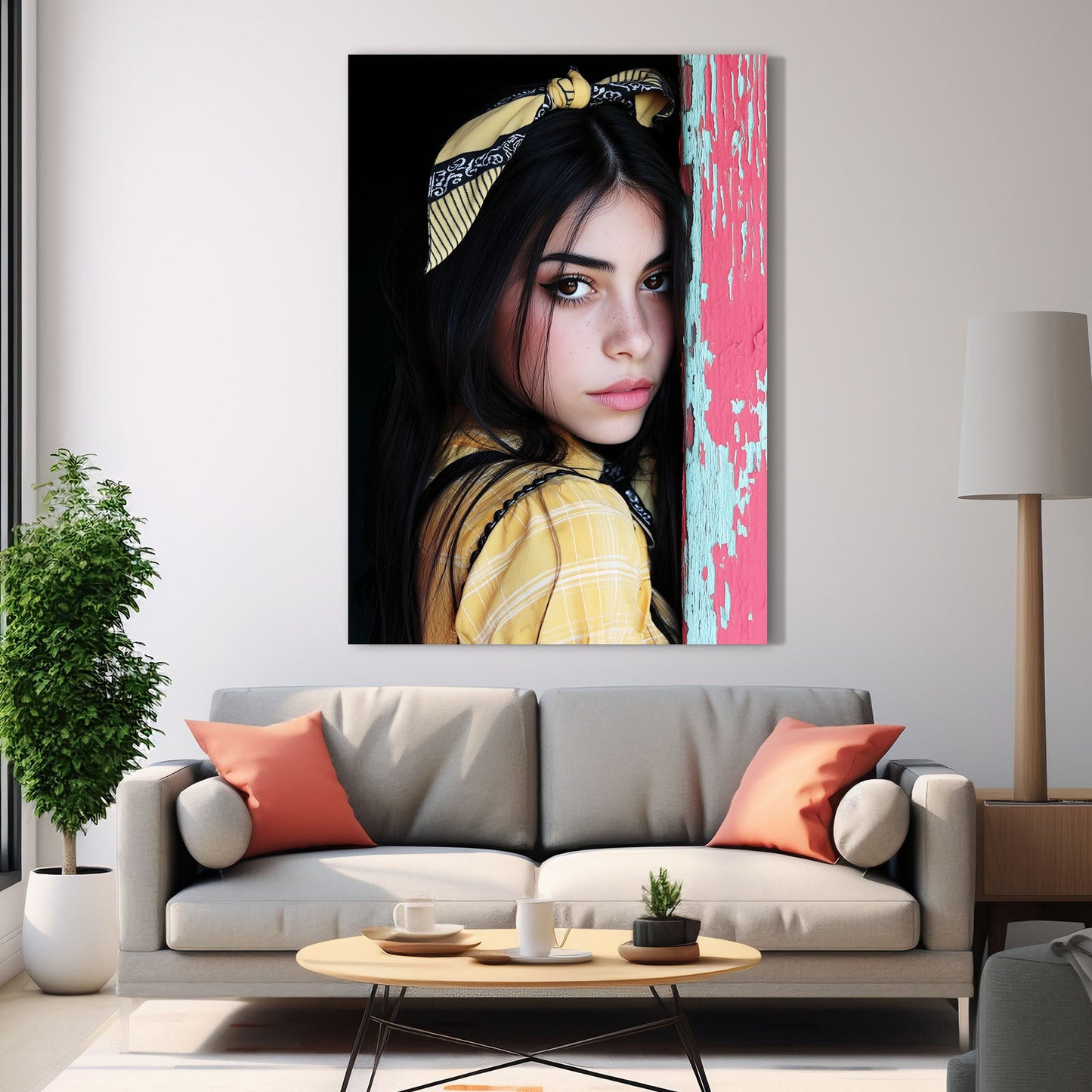 Yellow Bandana Photography Print – above a grey sofa with coral cushions
