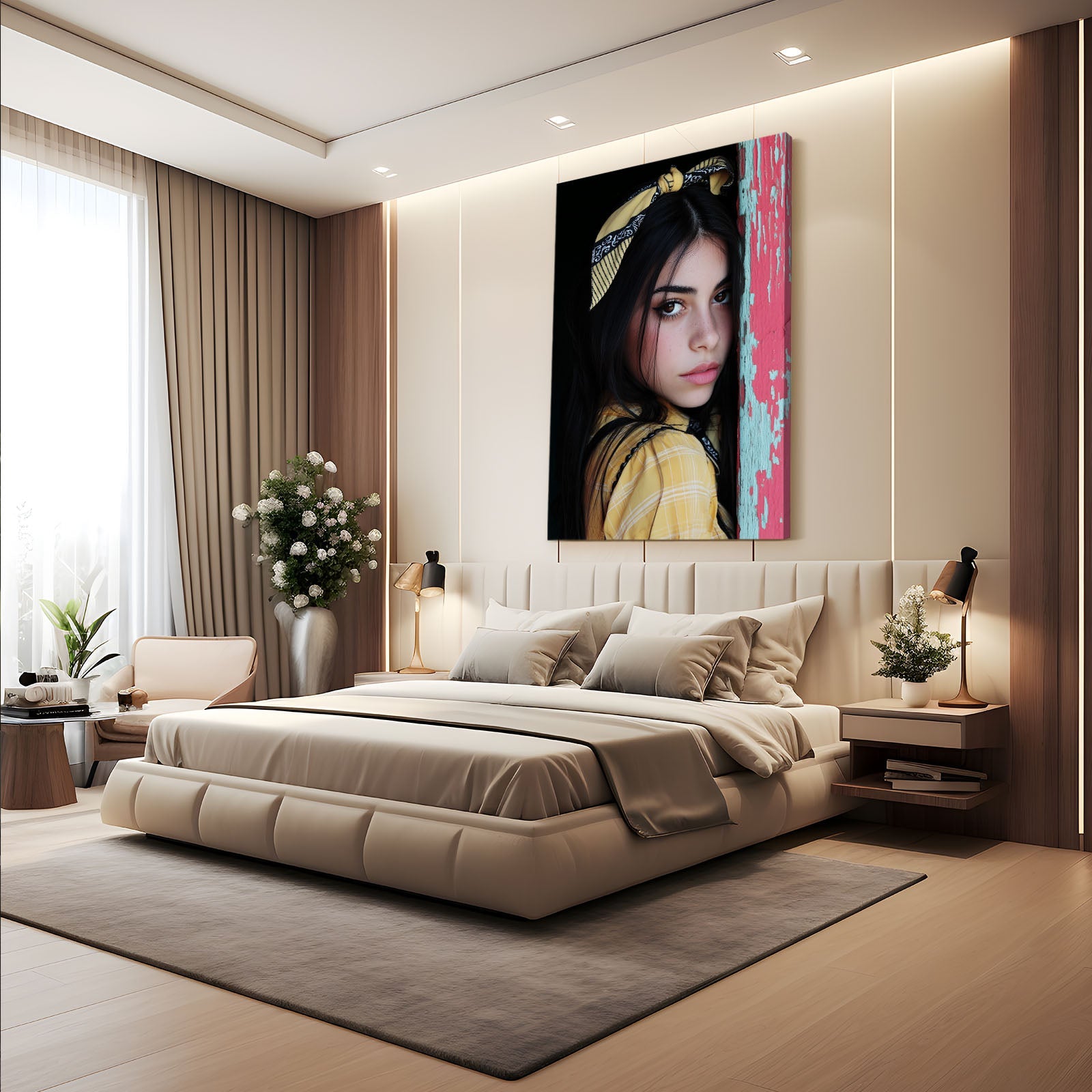 Yellow Bandana Photography Print – above a bed in a soft beige bedroom