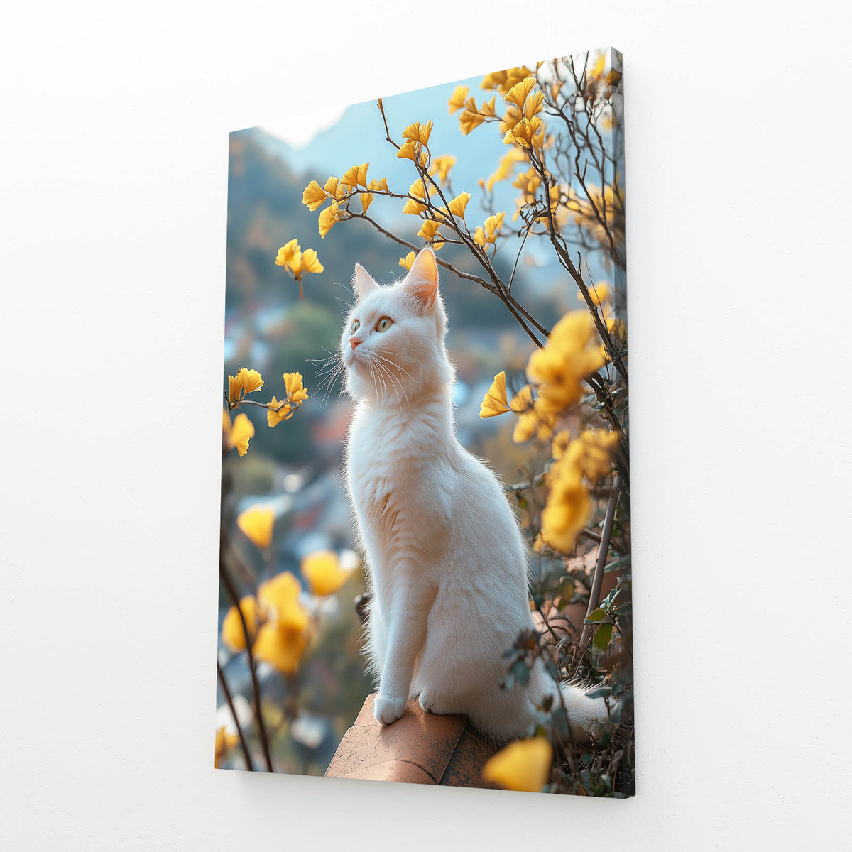 Yellow Blossom Perch Cat Prints — photography canvas print, angled canvas view on white background