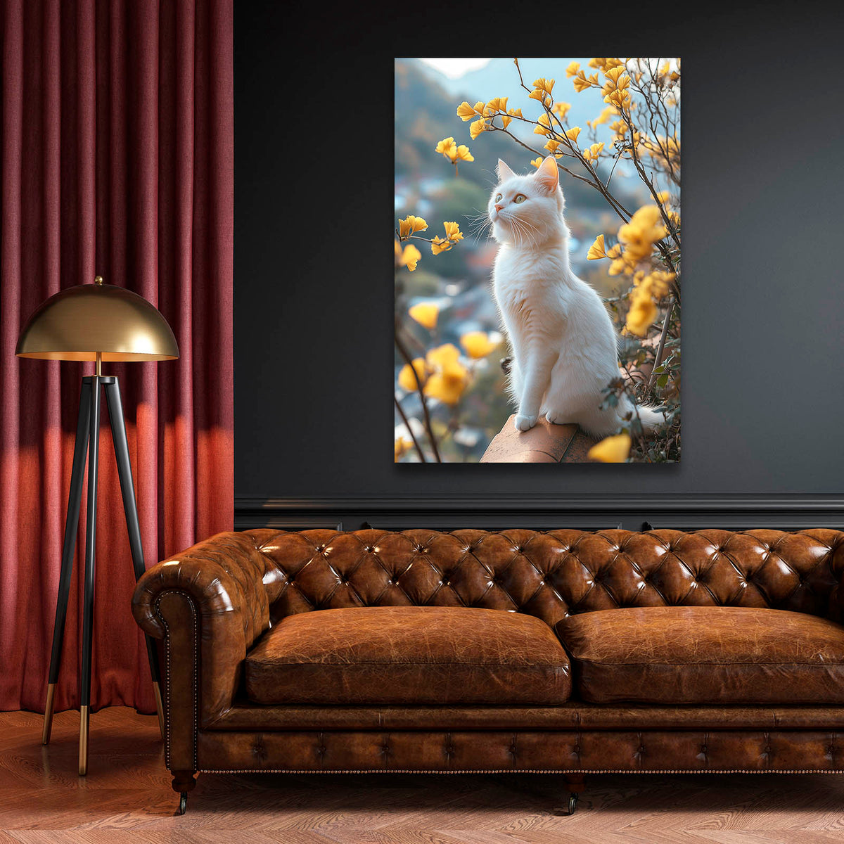 Yellow Blossom Perch Cat Prints — photography canvas print, styled in a furnished interior