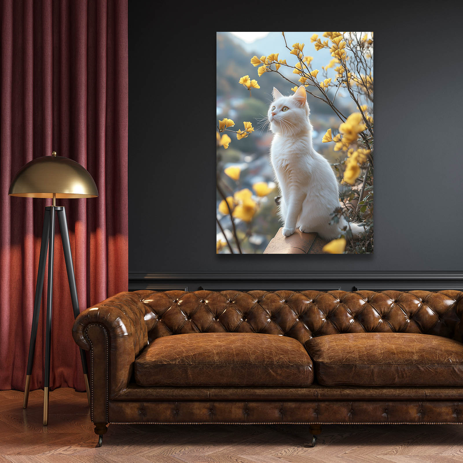 Yellow Blossom Perch Cat Prints — photography canvas print, styled in a furnished interior