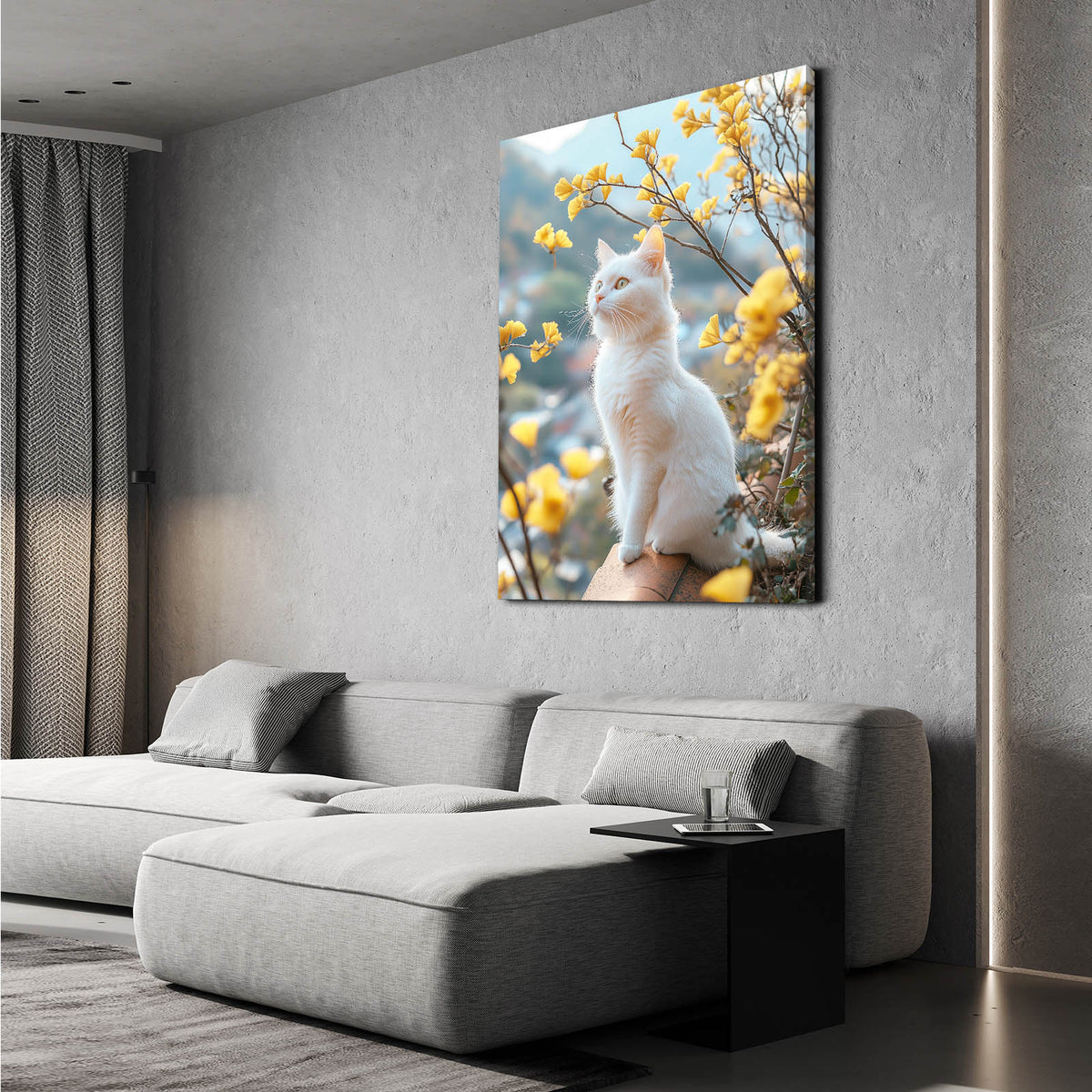 Yellow Blossom Perch Cat Prints — photography canvas print, styled in a furnished interior