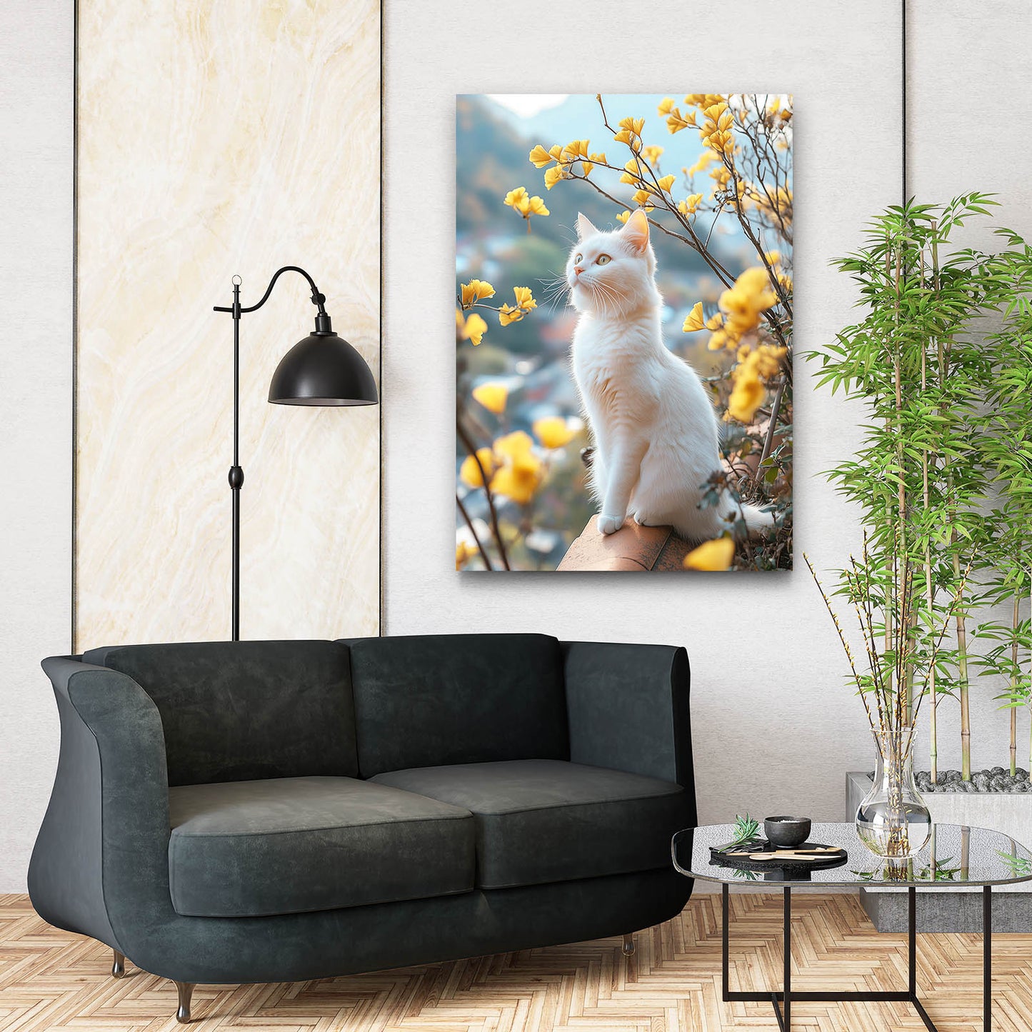 Yellow Blossom Perch Cat Prints — photography canvas print, styled in a furnished interior