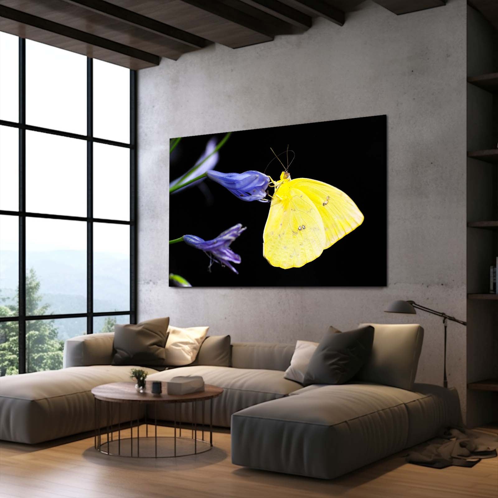 Yellow Butterfly On Purple Flowers Wall Art
