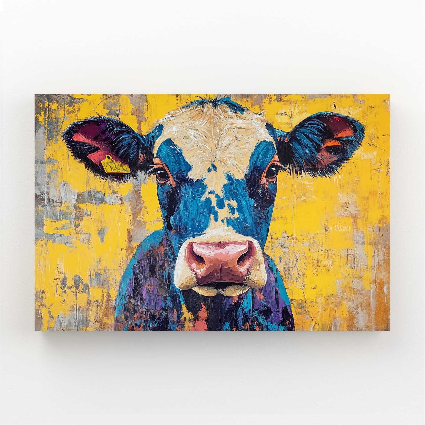 Yellow Cow Artwork – angled canvas view on white background