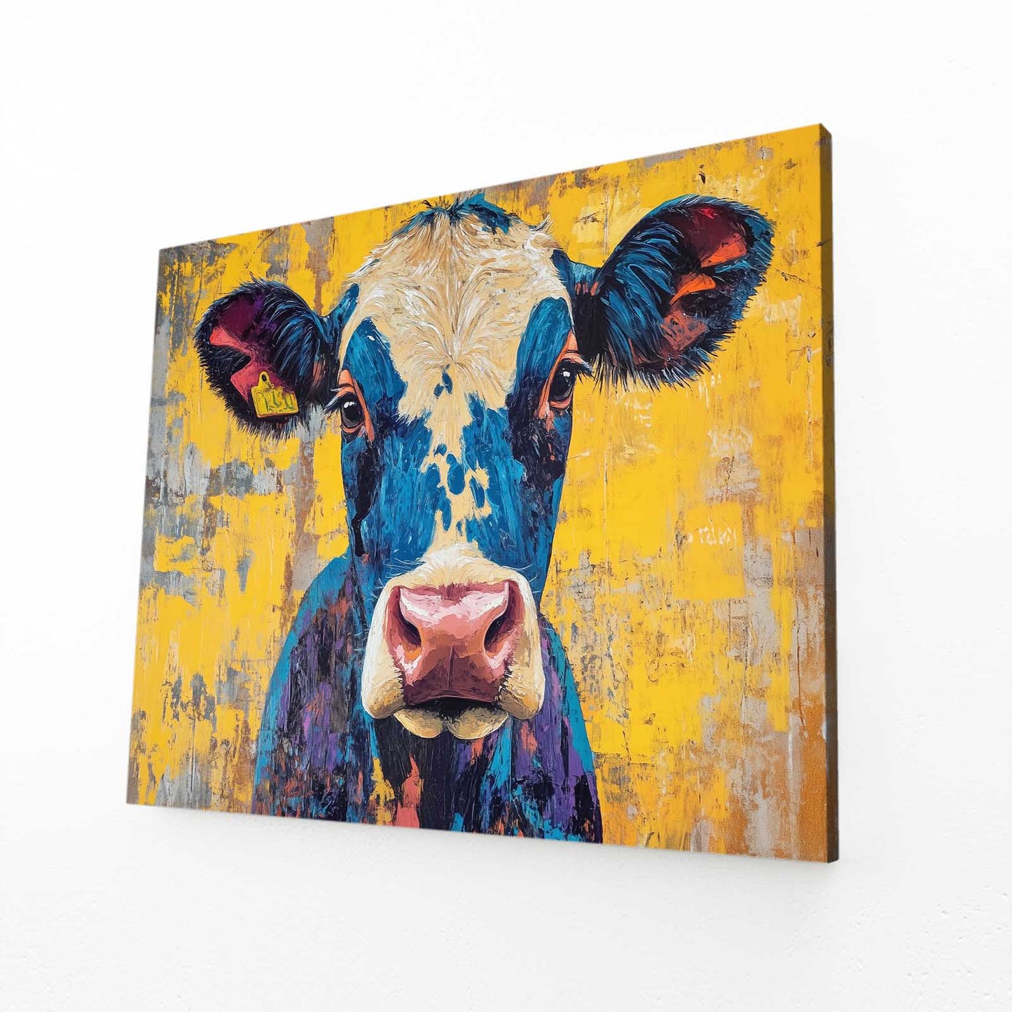 Yellow Cow Artwork – angled canvas view on white background