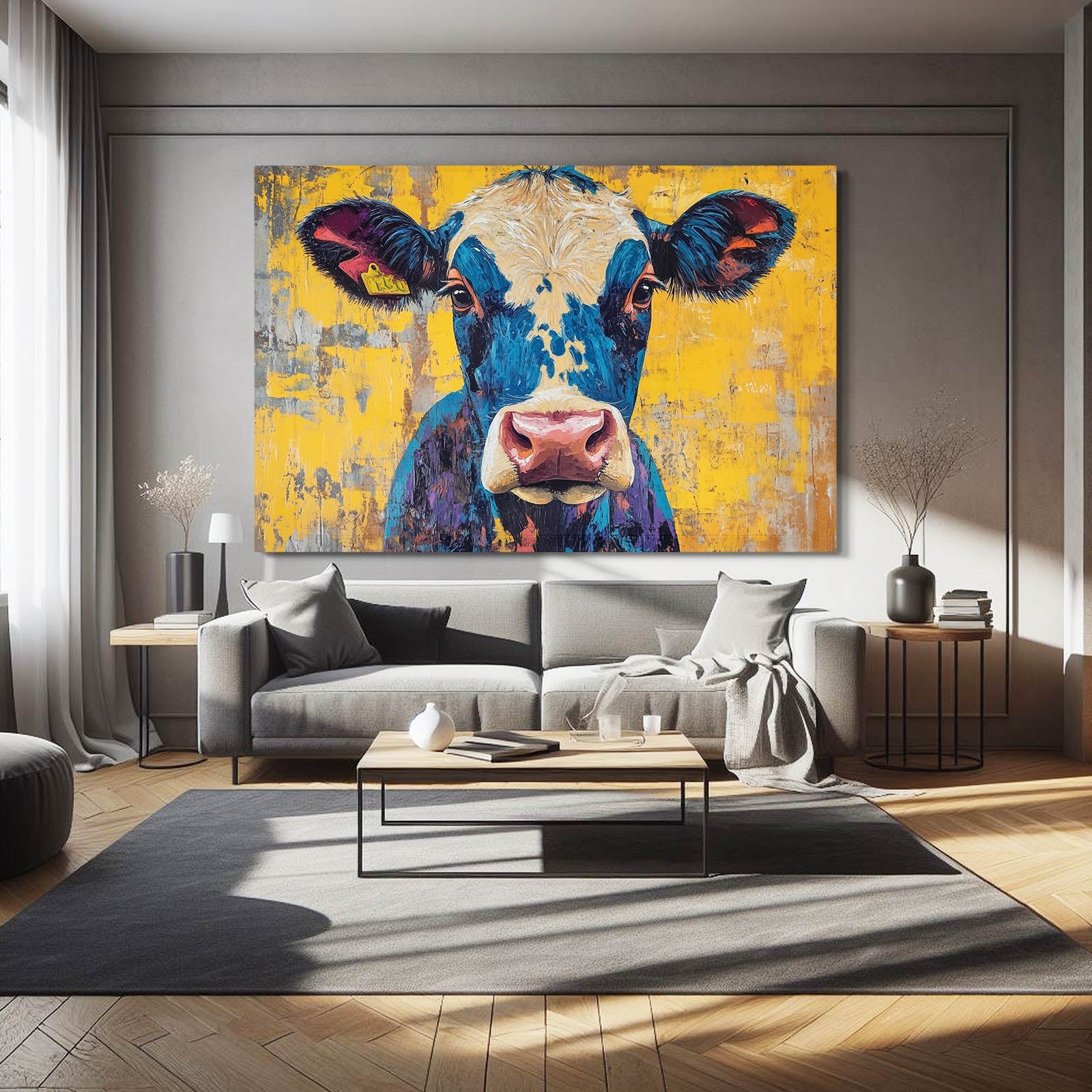 Yellow Cow Artwork – angled canvas view on white background