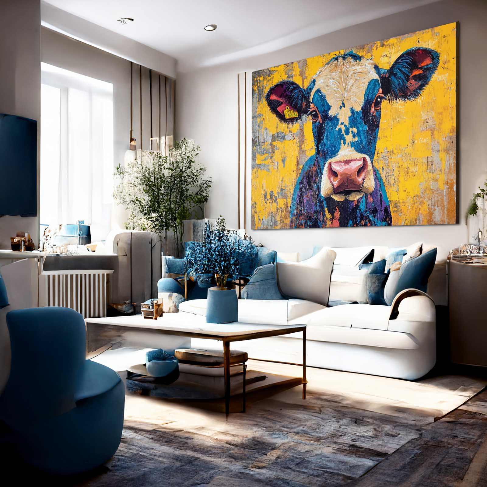 Yellow Cow Artwork – angled canvas view on white background