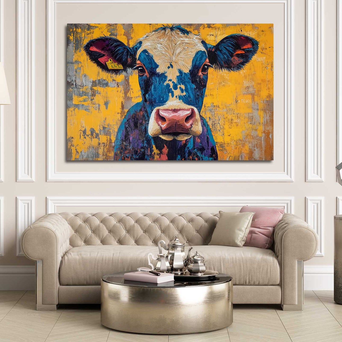 Yellow Cow Artwork – angled canvas view on white background