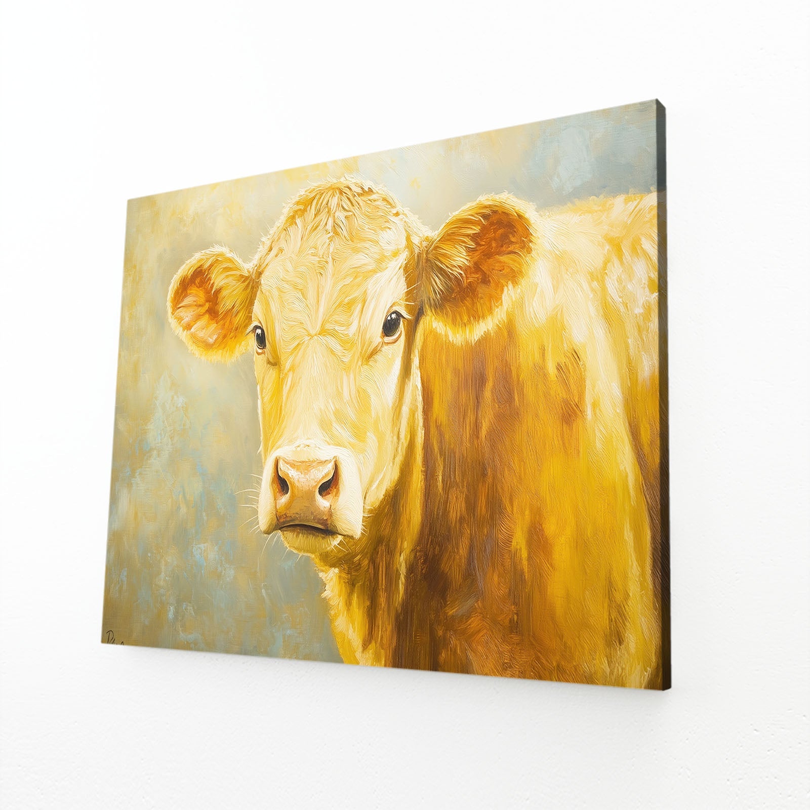 Yellow Cow Canvas Art – angled canvas view on white background