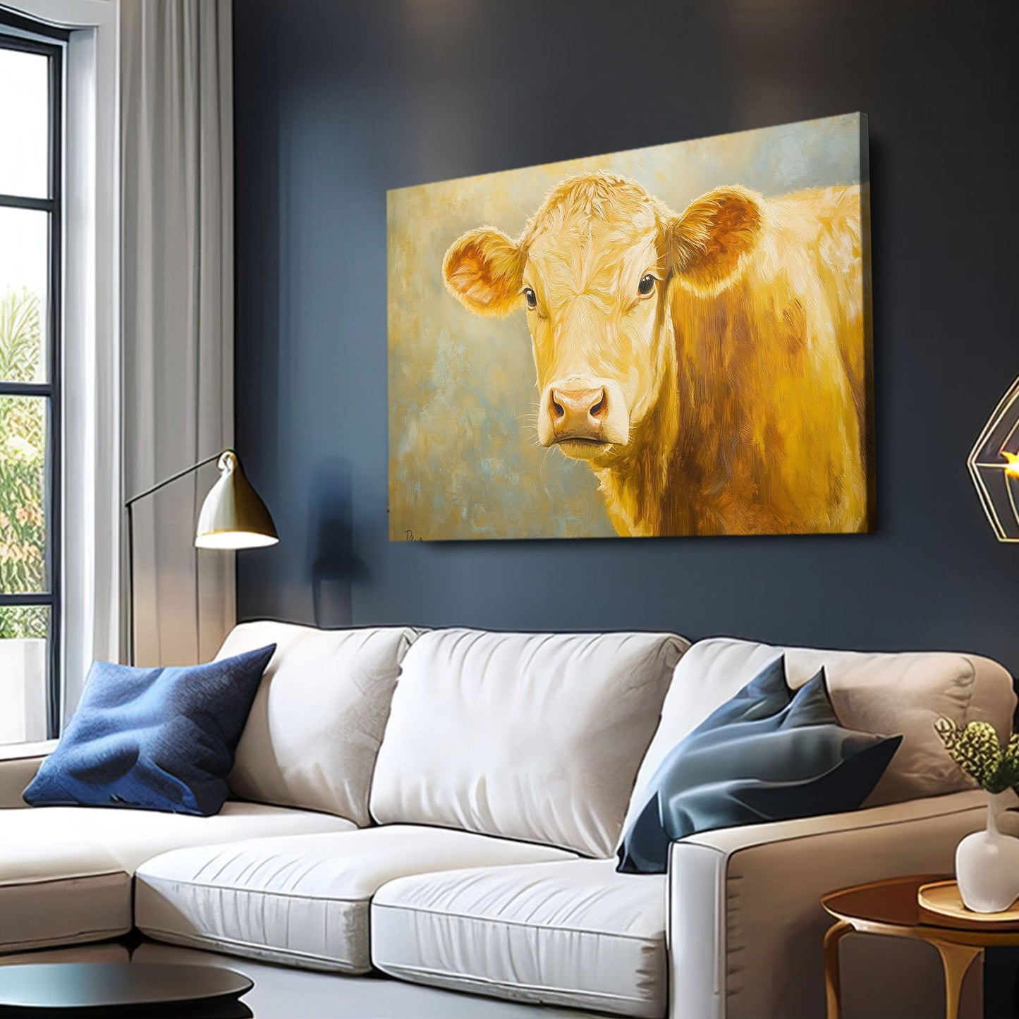 Yellow Cow Canvas Art – angled canvas view on white background