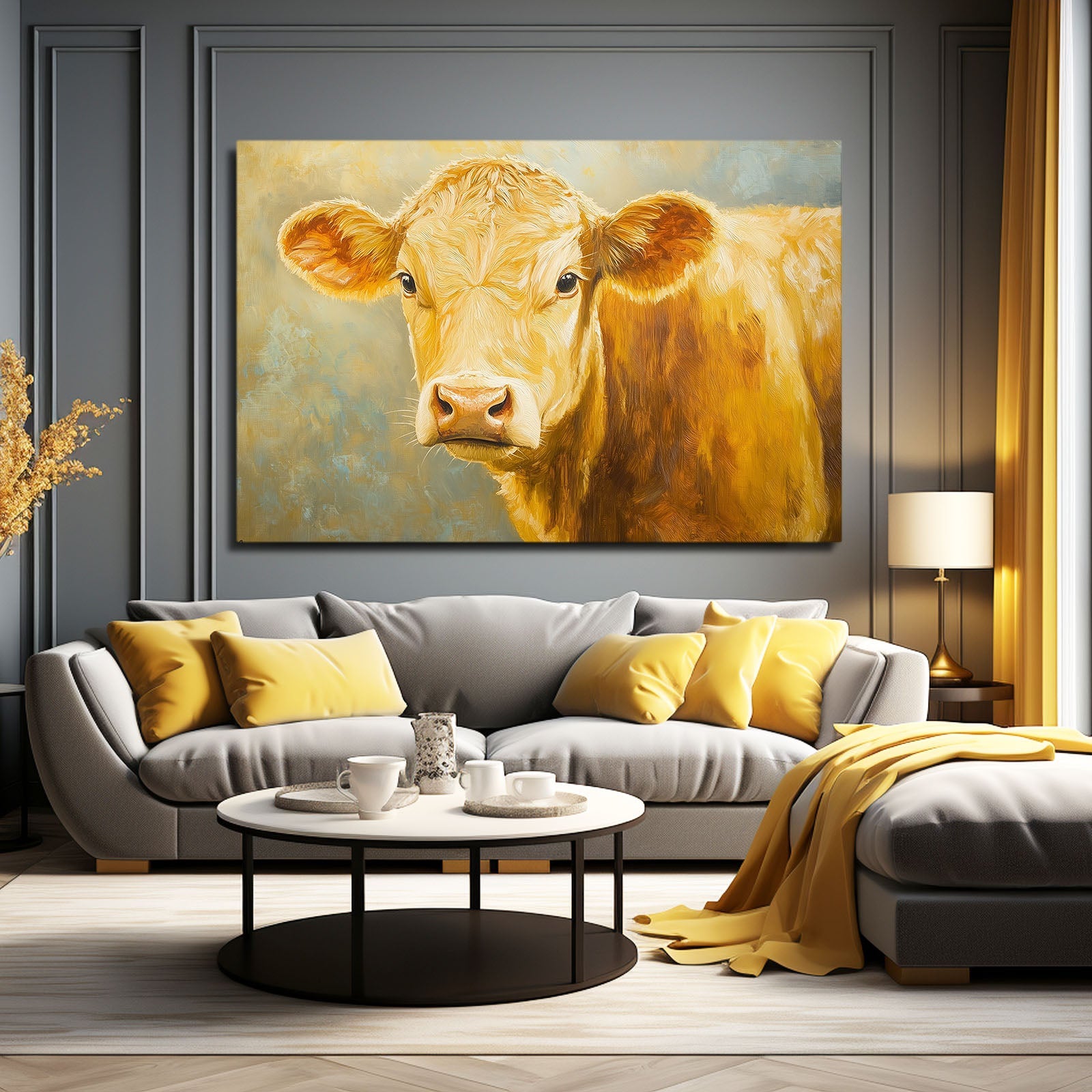 Yellow Cow Canvas Art – angled canvas view on white background