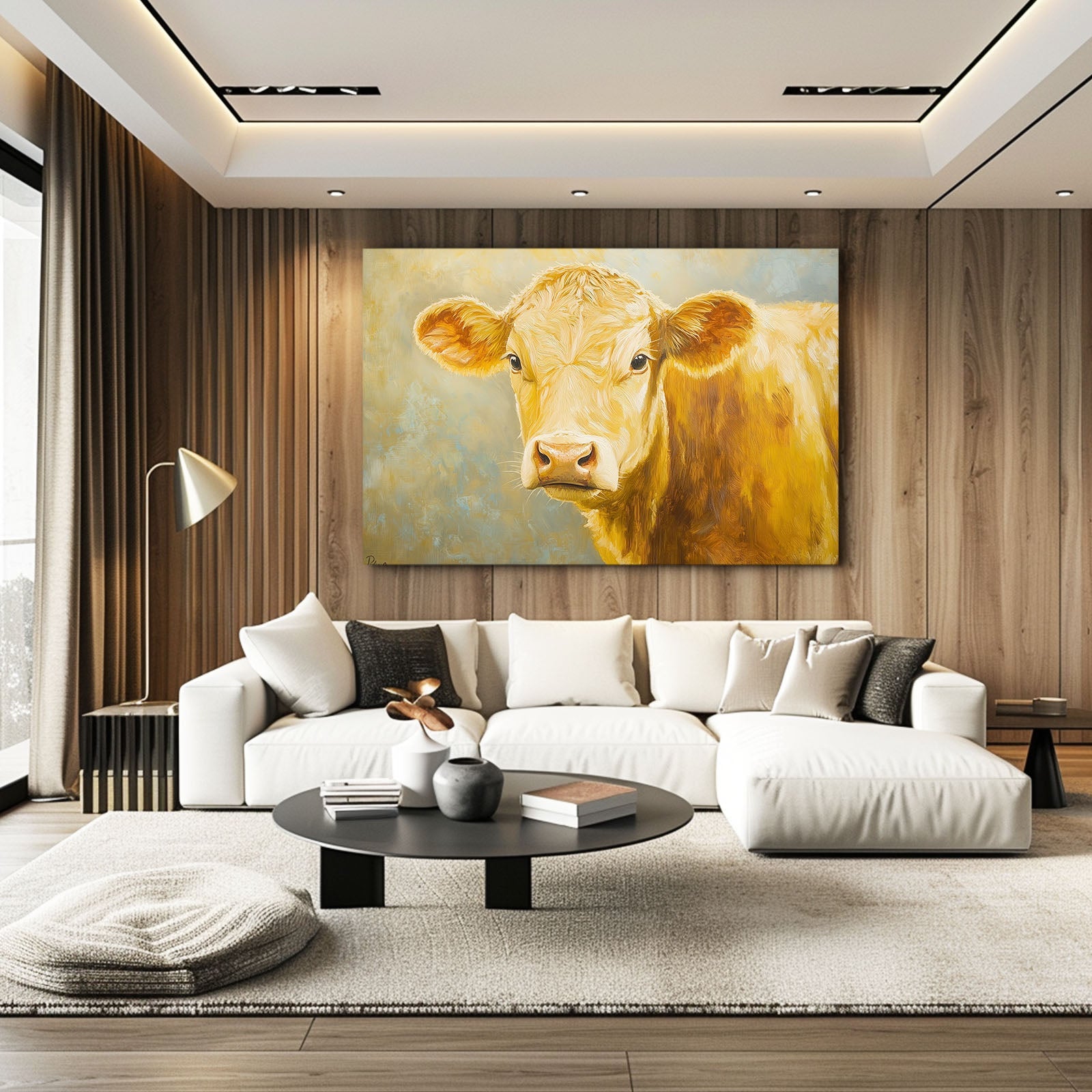 Yellow Cow Canvas Art – angled canvas view on white background