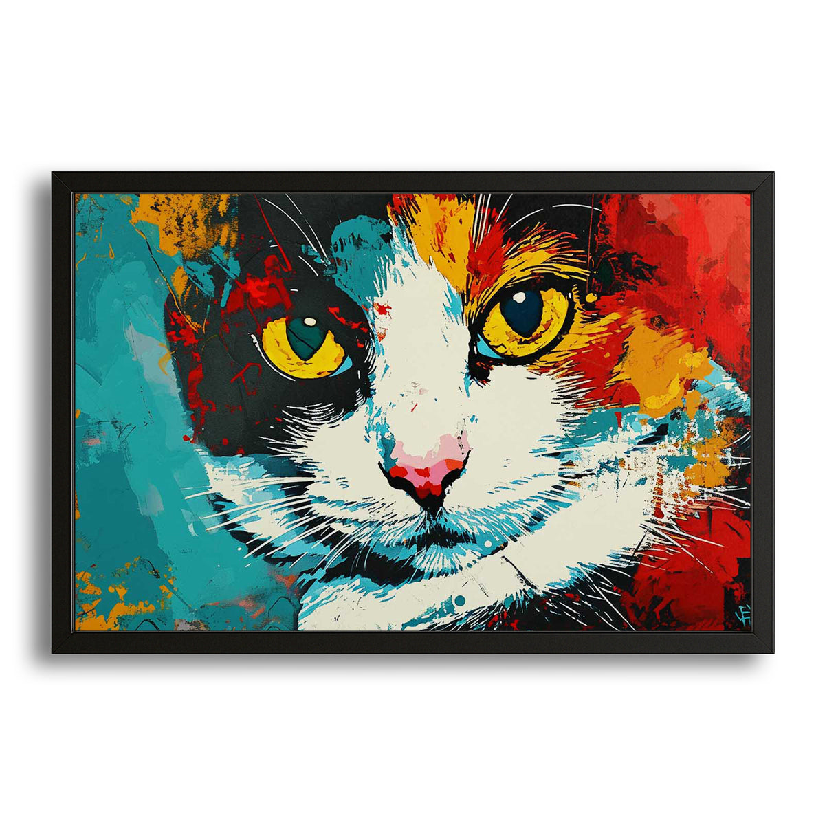 Yellow Eyes Cat Art — digital canvas print in blue tones, with Premium Black frame on white background