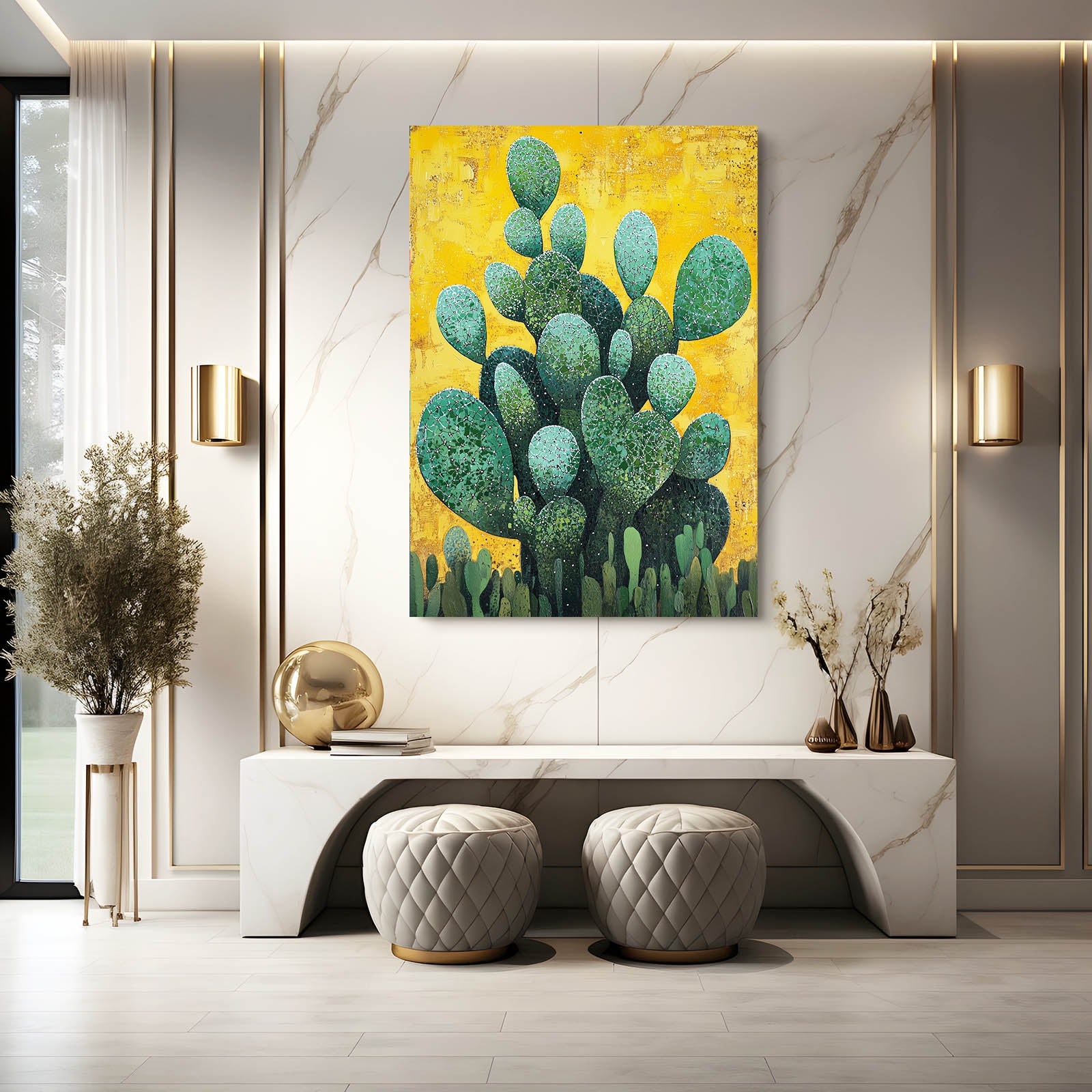 Yellow Field Paddles Cactus Prints – styled in a furnished interior