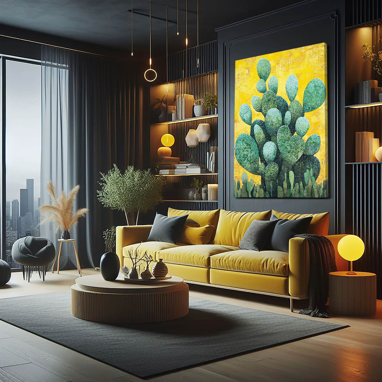 Yellow Field Paddles Cactus Prints – styled in a furnished interior