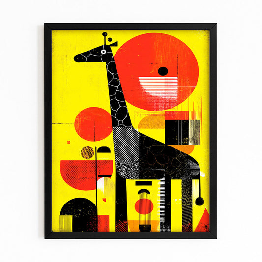 Framed abstract artwork with a giraffe design on a yellow background