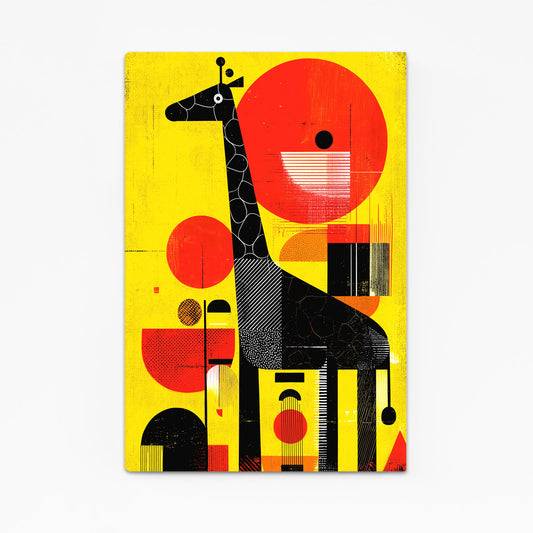 Abstract artwork of a giraffe with geometric shapes on a yellow background