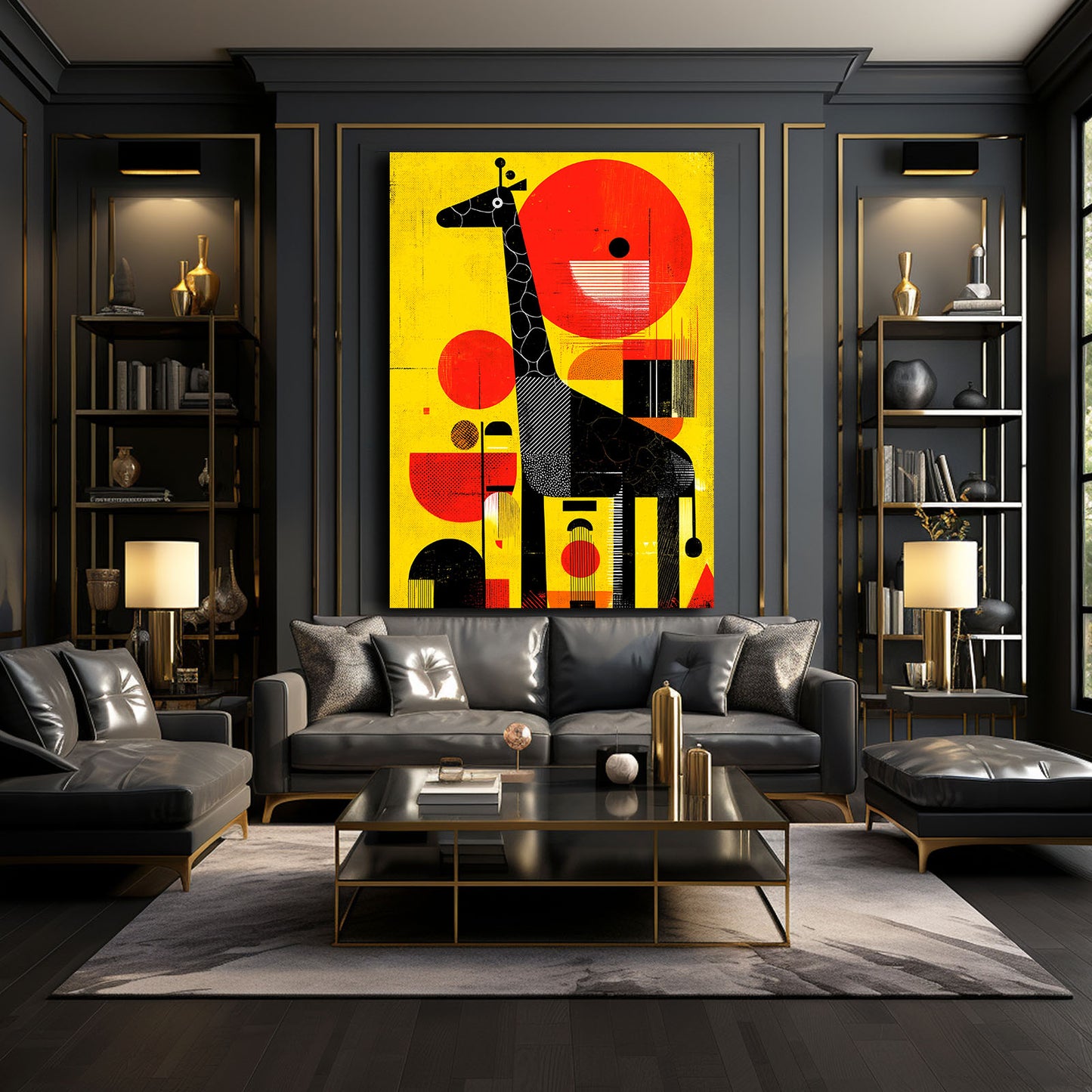 Modern living room with a gray sofa, coffee table, and abstract art on the wall.
