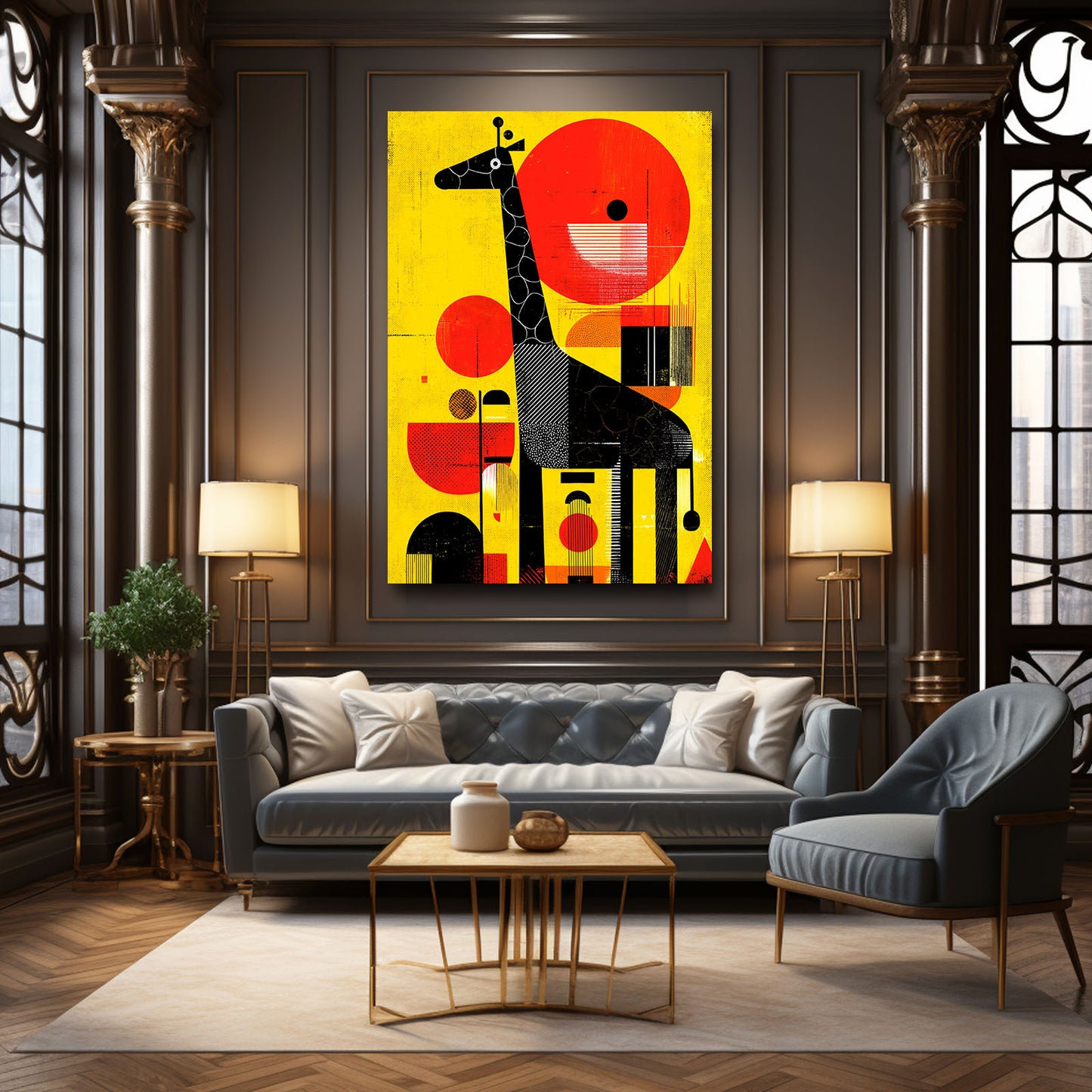 Modern living room with a colorful abstract painting of a giraffe on a yellow background.