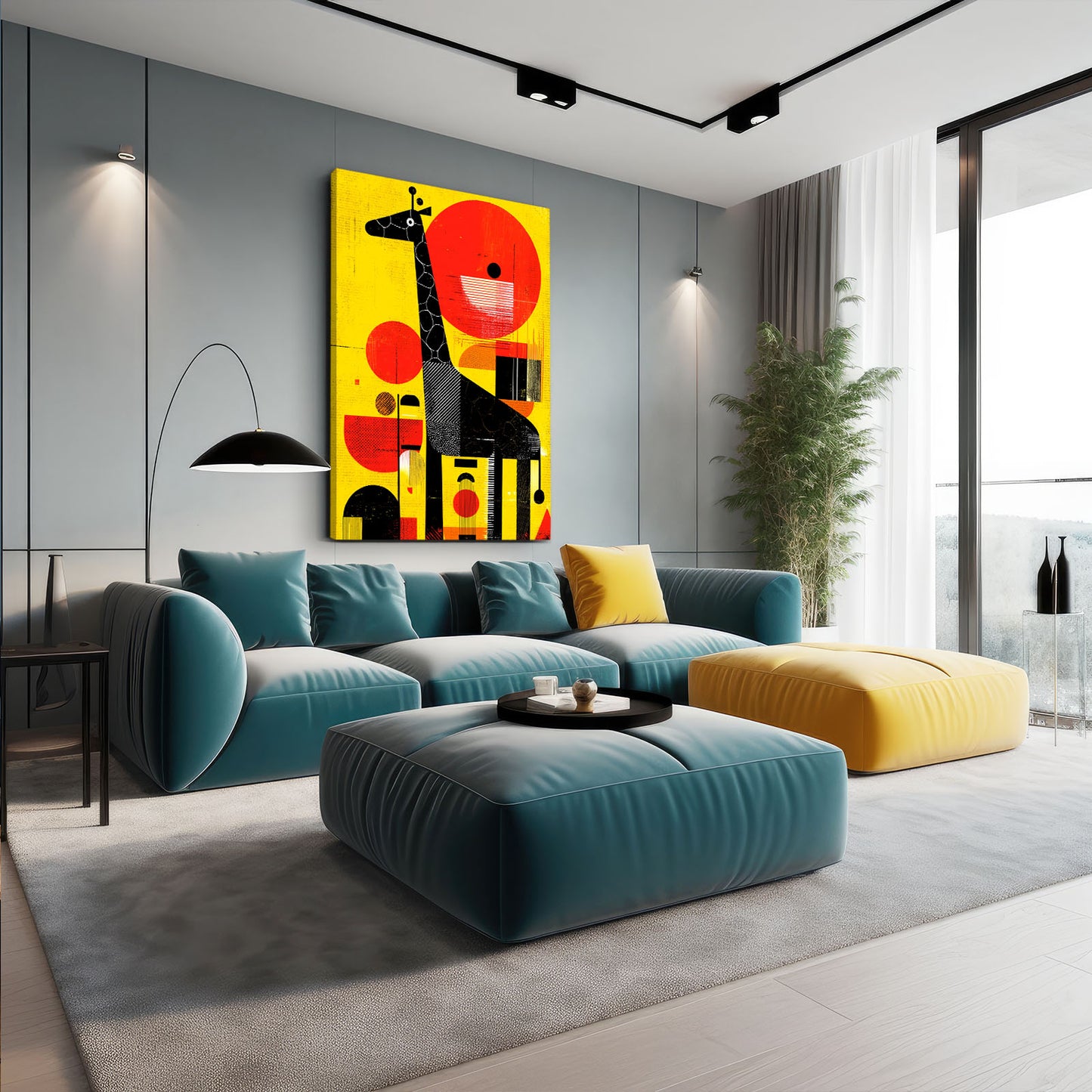 Modern living room with a colorful abstract painting on the wall