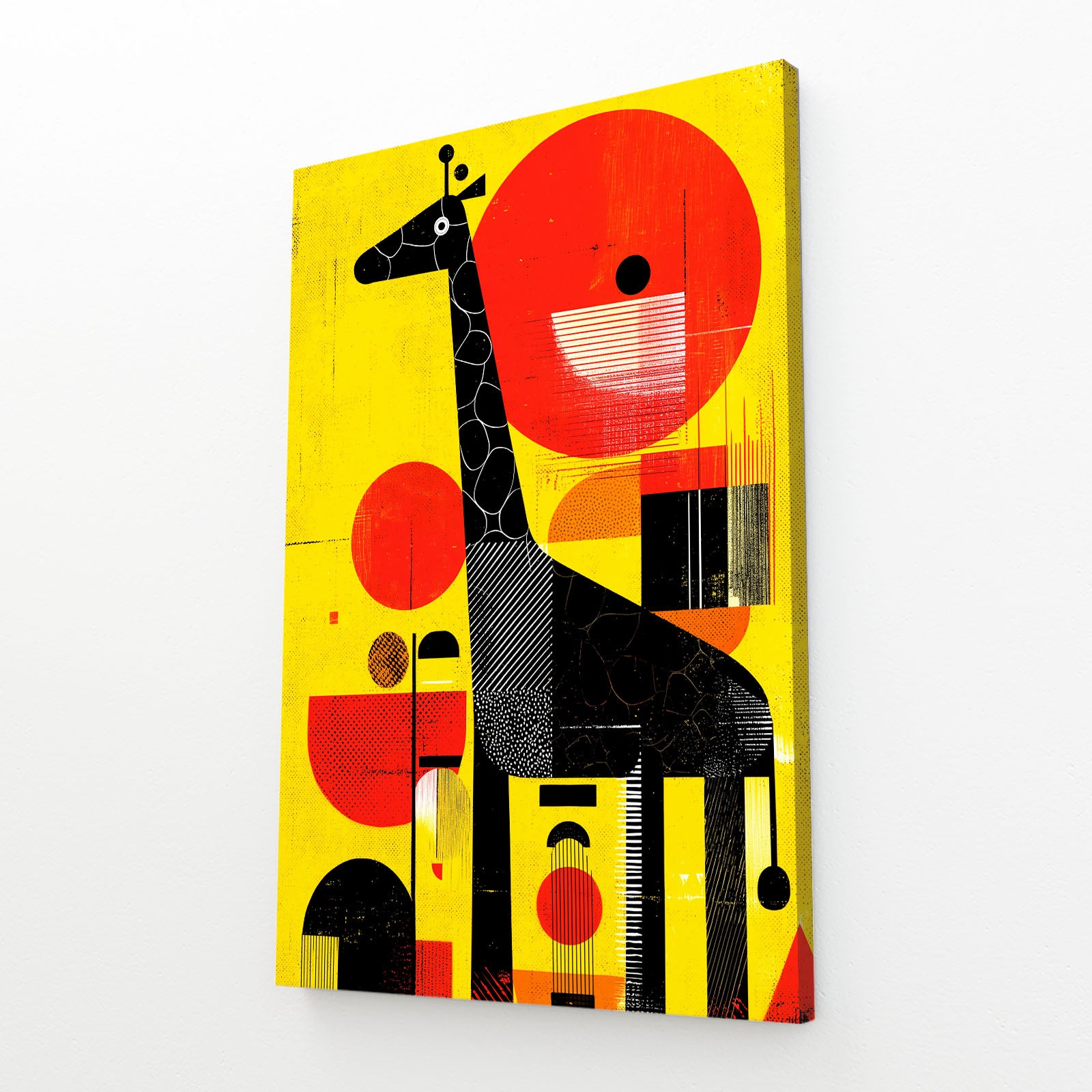 Abstract art piece with a giraffe design on a yellow background