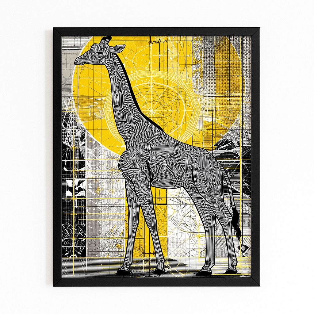 Framed artwork of a stylized giraffe with geometric patterns on a yellow background