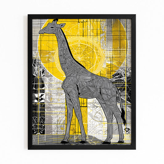 Framed artwork of a stylized giraffe with geometric patterns on a yellow background