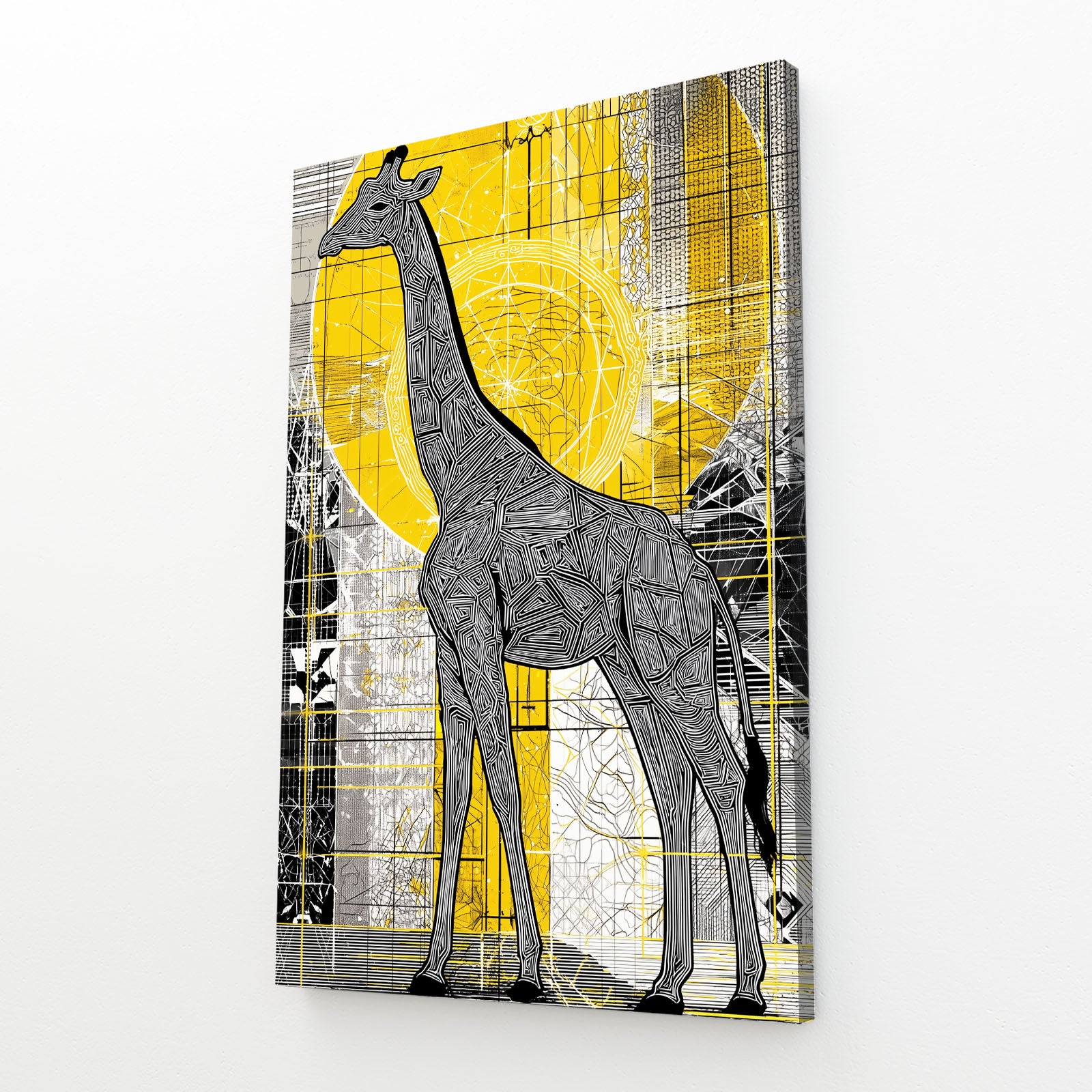 Geometric giraffe design on a yellow and black abstract background