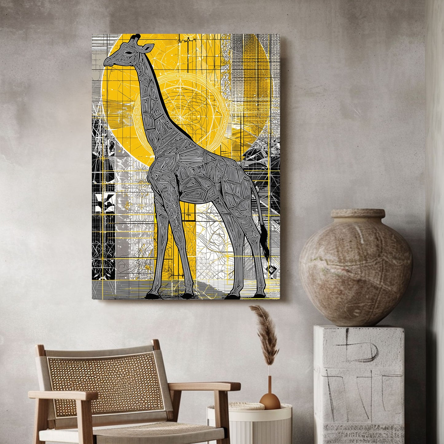 Giraffe artwork on a wall with a chair and vase in the foreground