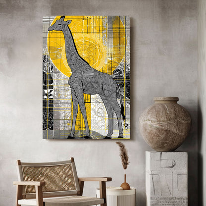 Giraffe artwork on a wall with a chair and vase in the foreground